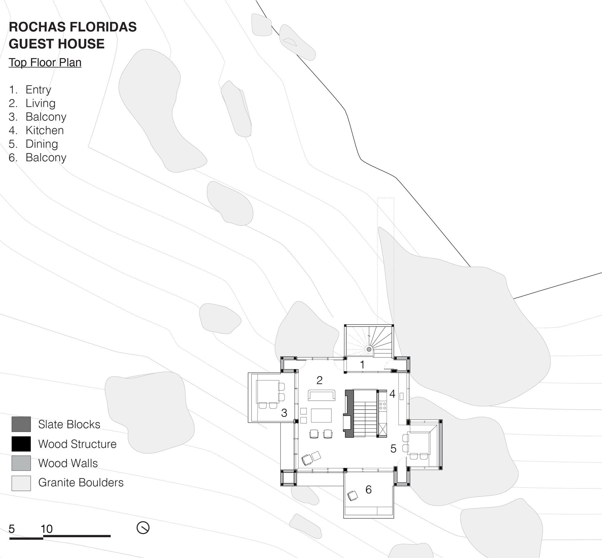 Upper floor plan showing living spaces, kitchen, and balconies with material legend indicating wood and slate construction