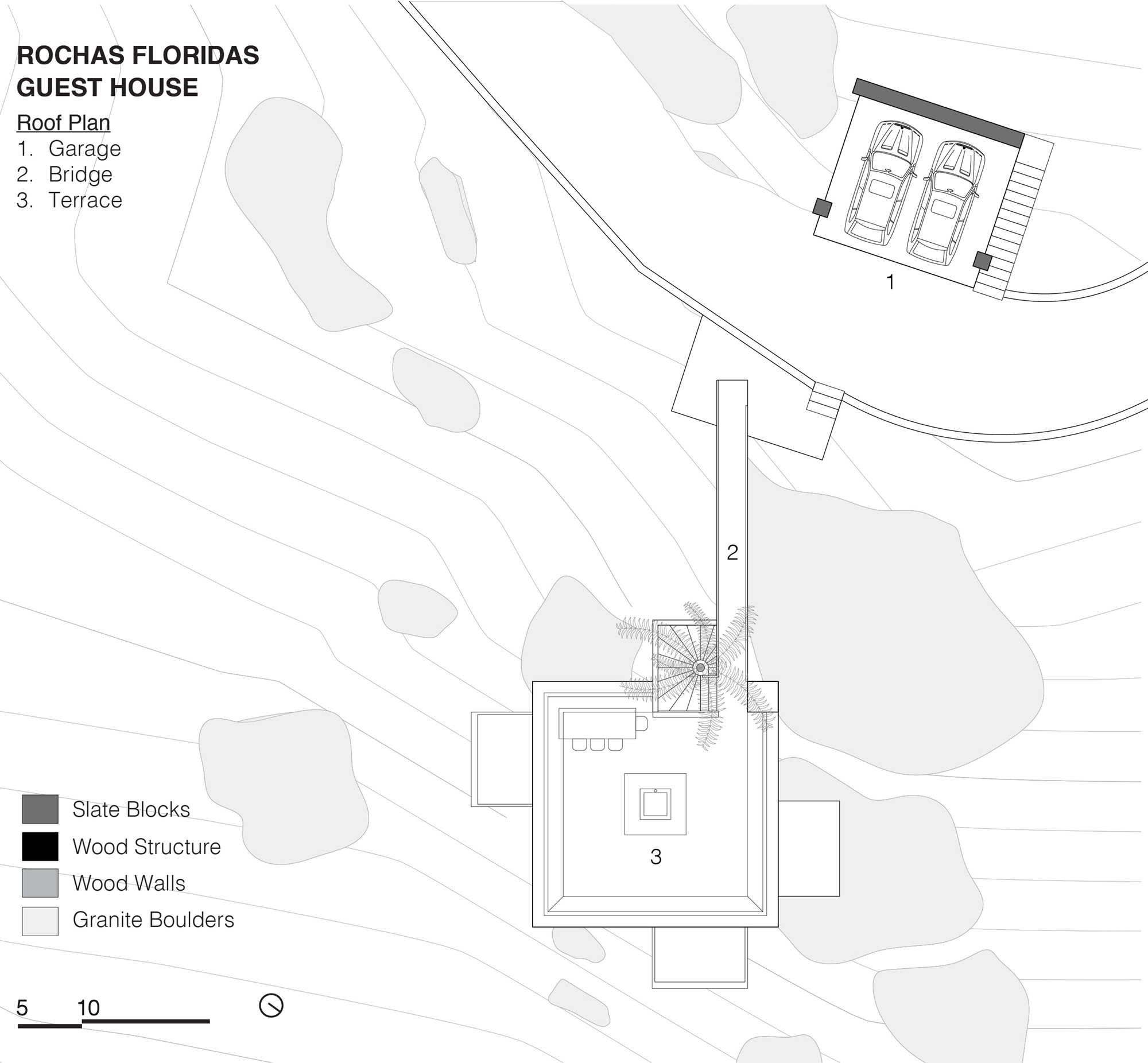 Roof plan showing garage with two cars, bridge connection, and terrace on sloped site with boulders
