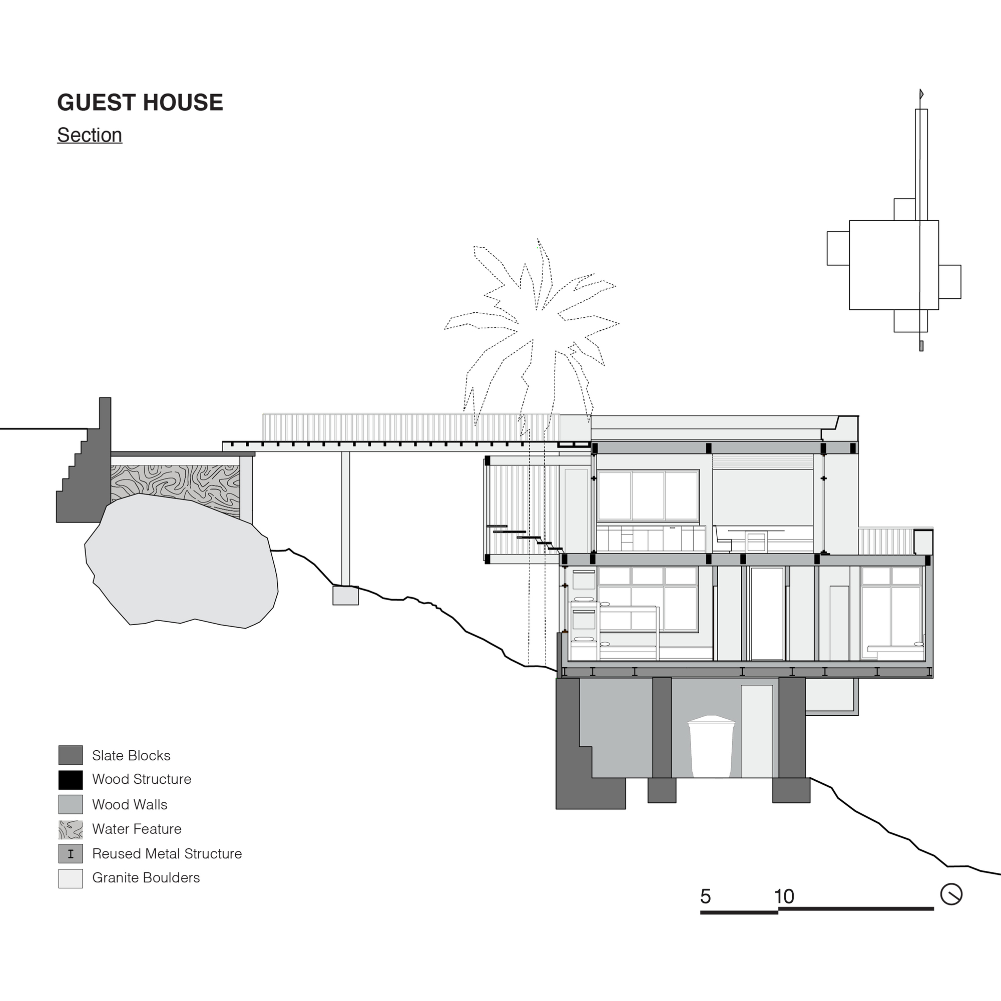 Section drawing revealing multi-level structure stepping down hillside with palm tree and water feature indicated