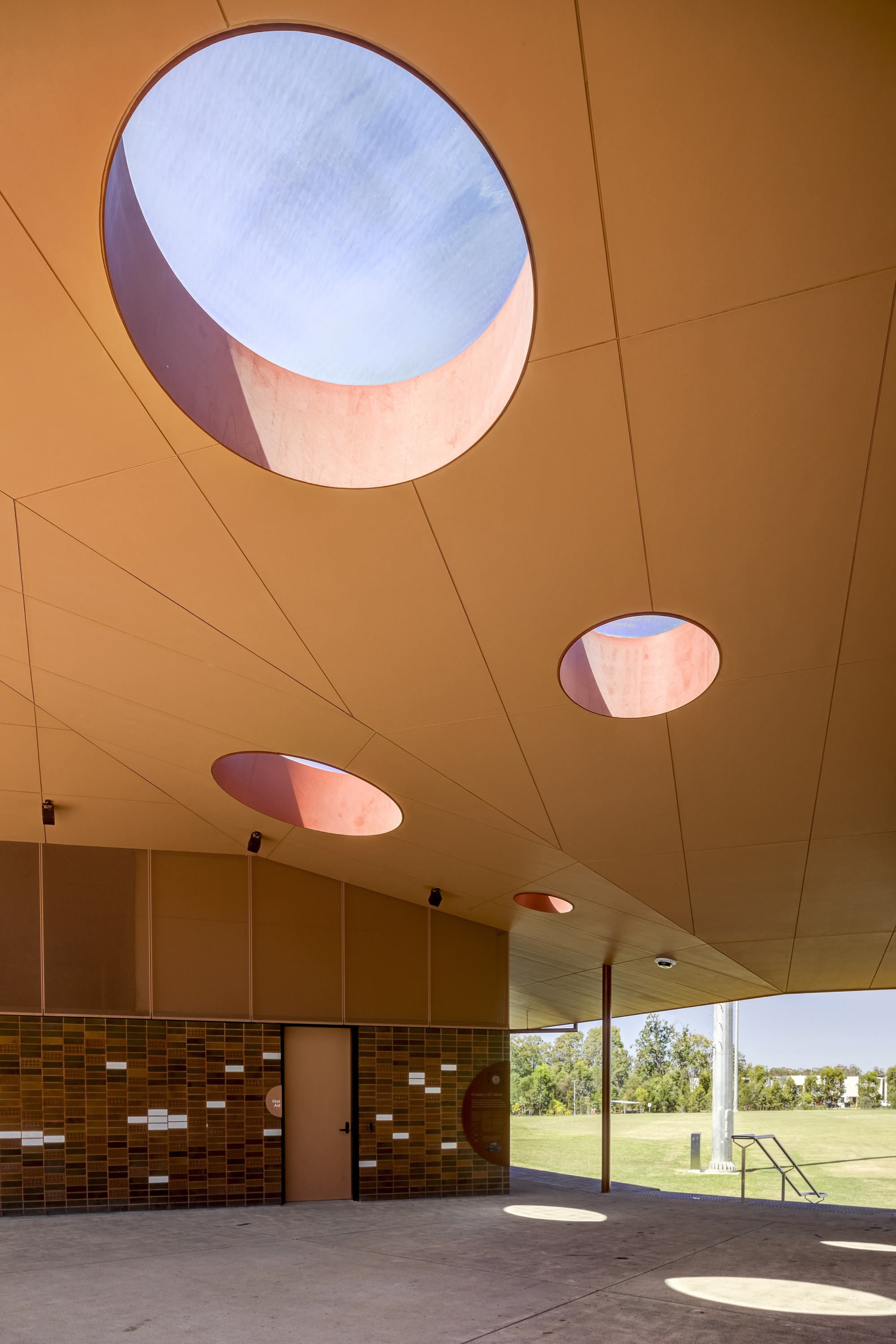Series of circular skylights with pink and purple edges puncturing the timber panel ceiling