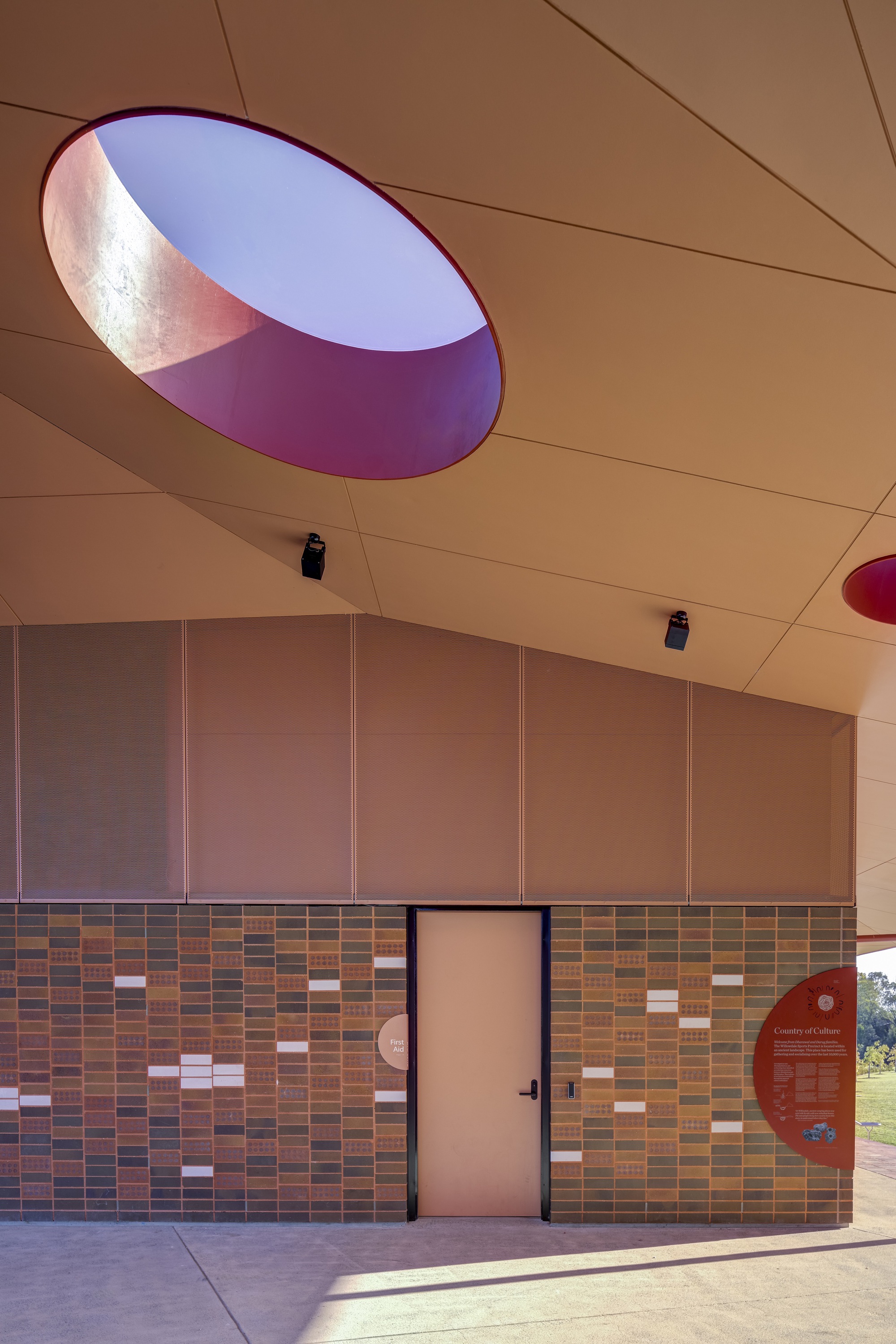 Single oval skylight with purple rim casting colored light onto the timber ceiling panels