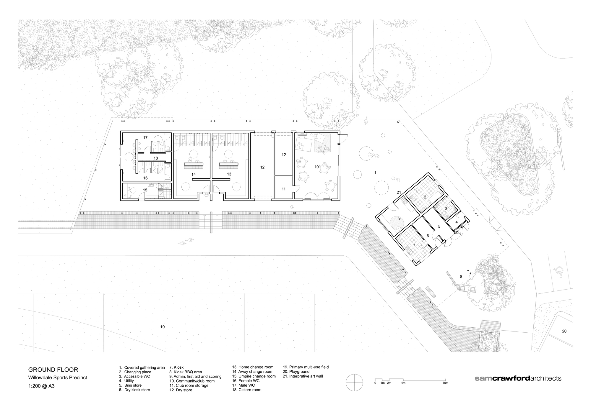Ground floor plan drawing showing two rectangular pavilions with rooms and surrounding landscape