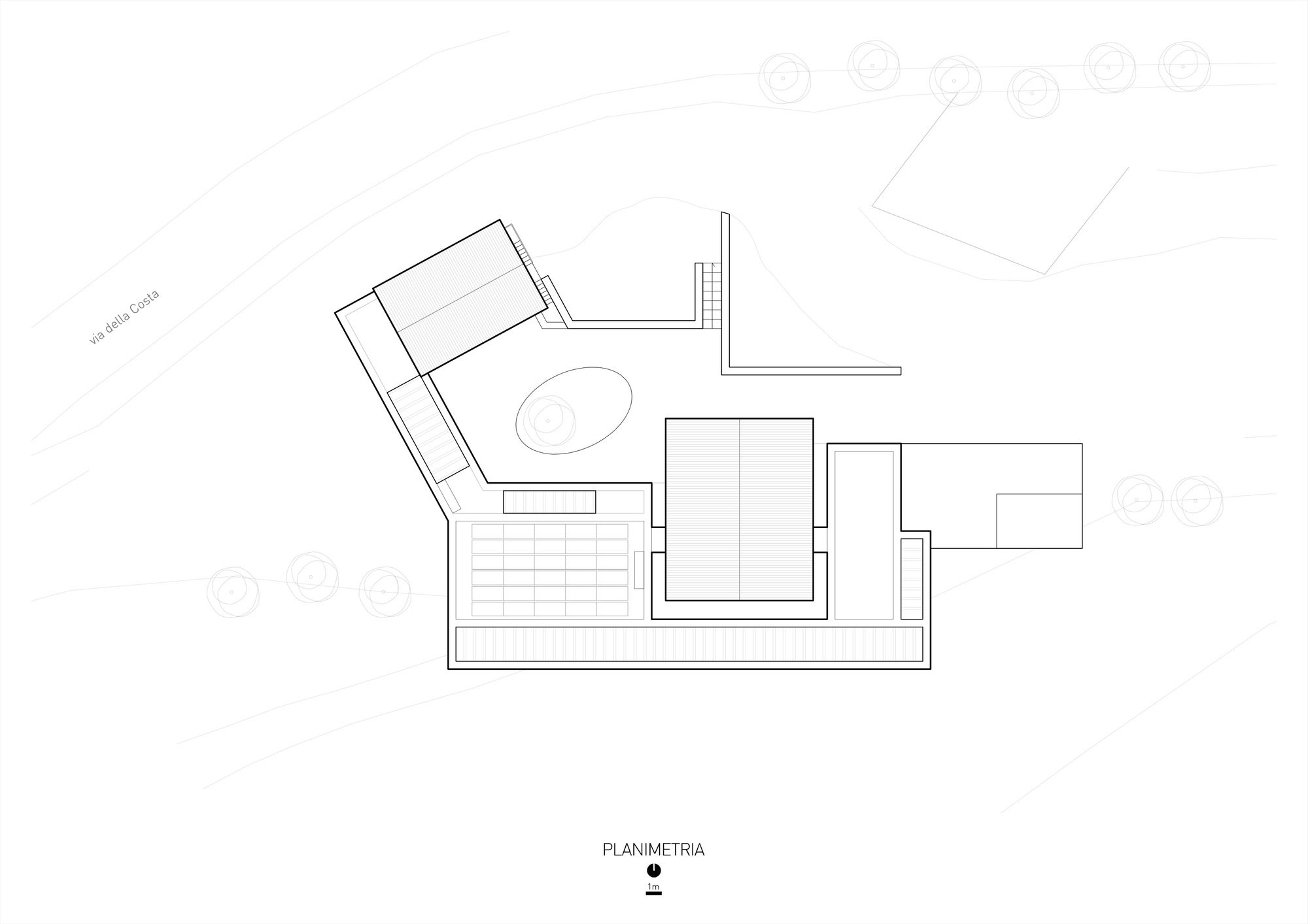 Site plan drawing showing building footprints with an oval pool and surrounding trees