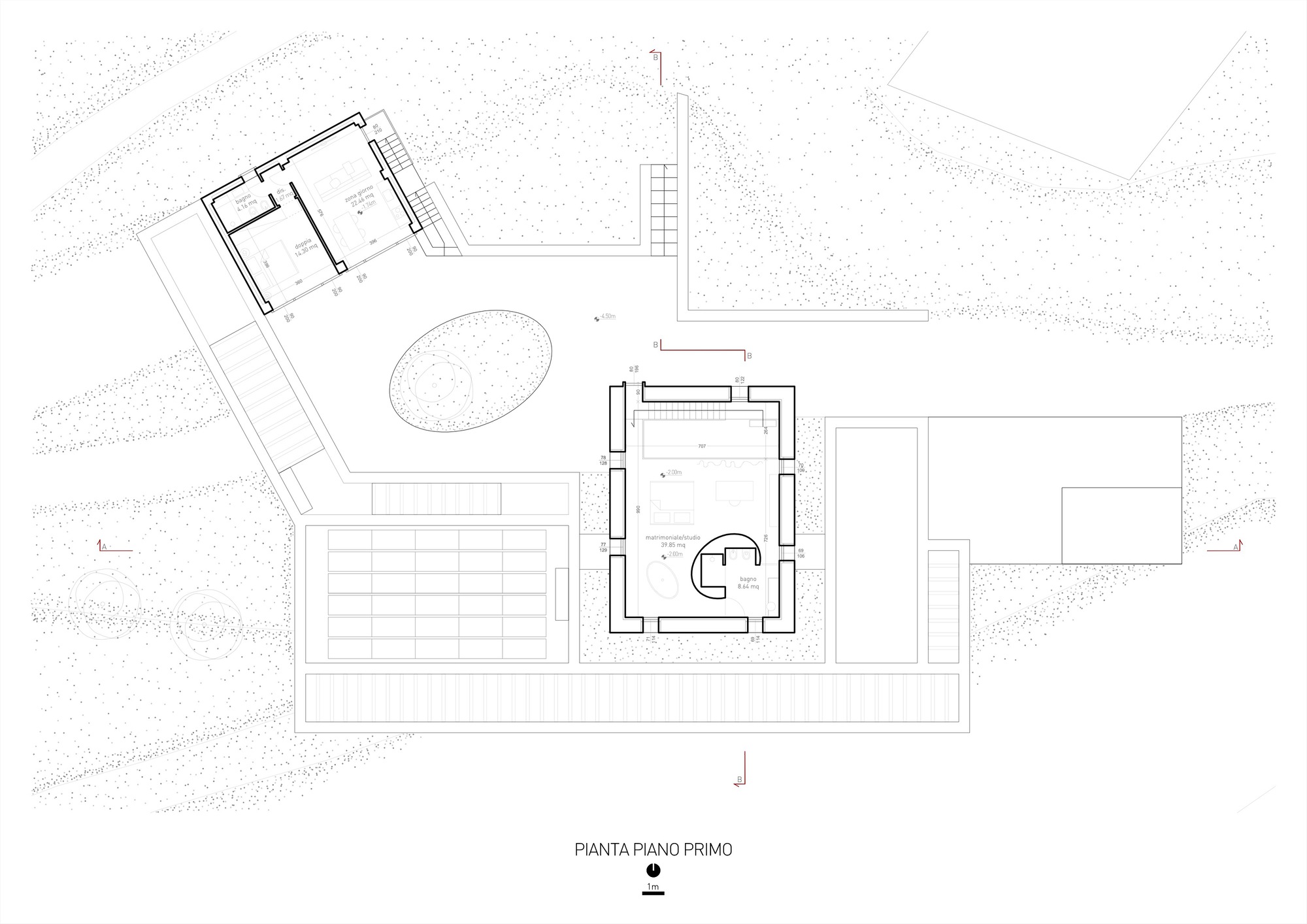 First floor plan drawing showing interior spaces with a spiral staircase and surrounding landscape