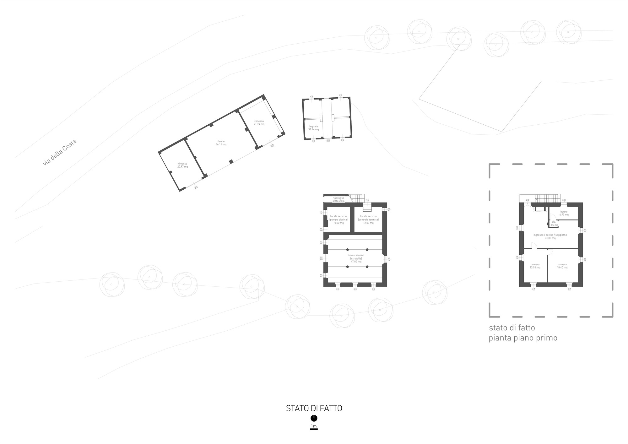 Site layout drawing showing four separate building footprints scattered across the property