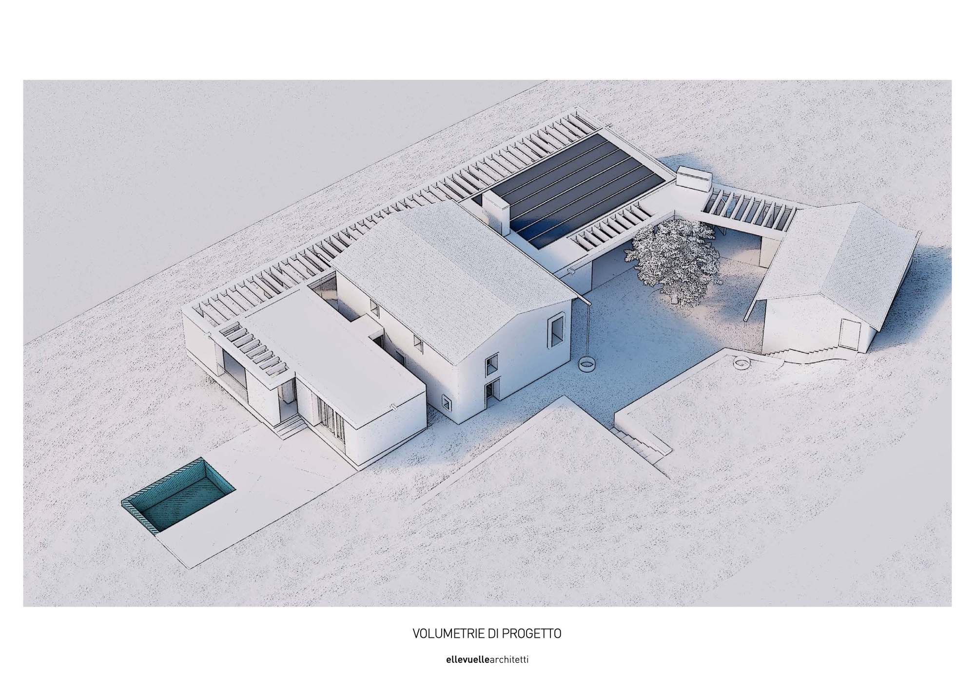 Axonometric view showing the white volumes and dark solar panels over a courtyard with a single tree