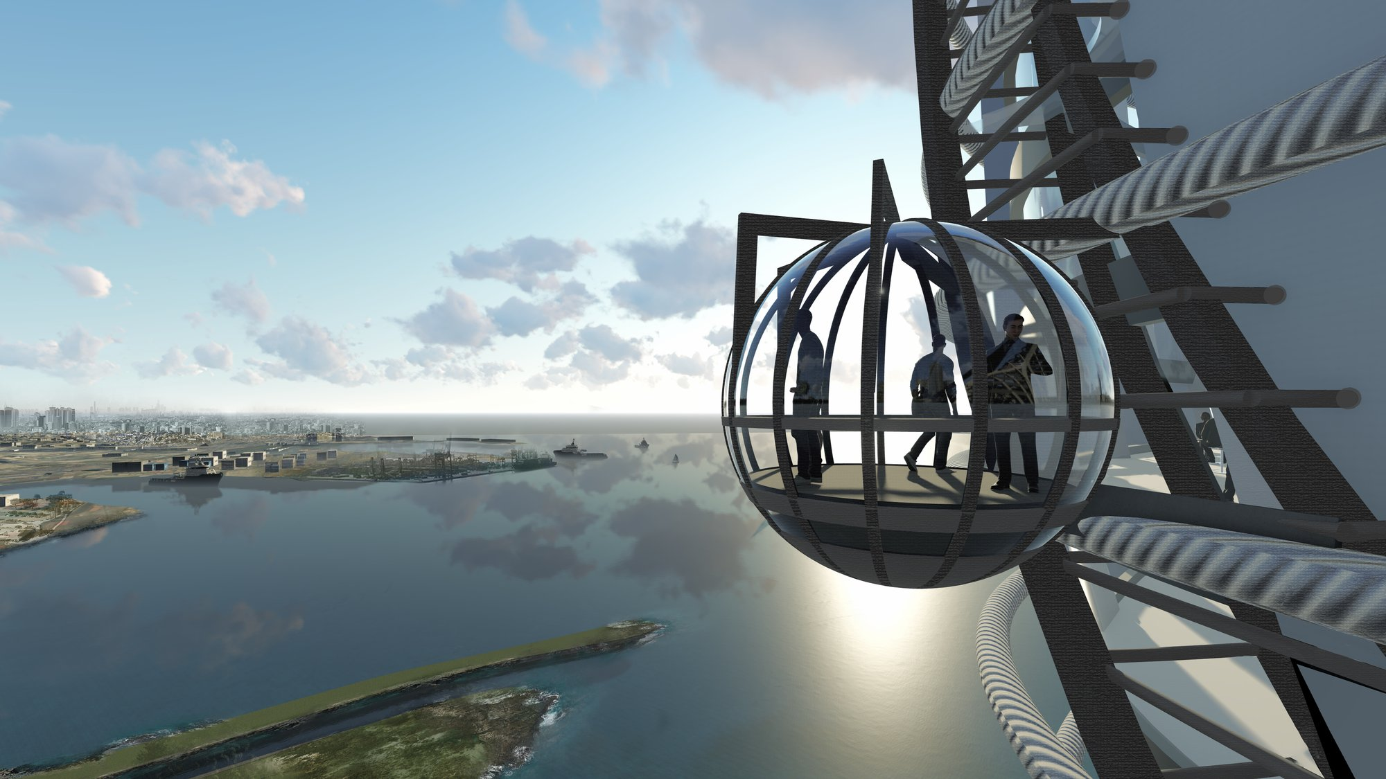 Panoramic viewing pod offering immersive coastal experiences within a futuristic sustainable tower.