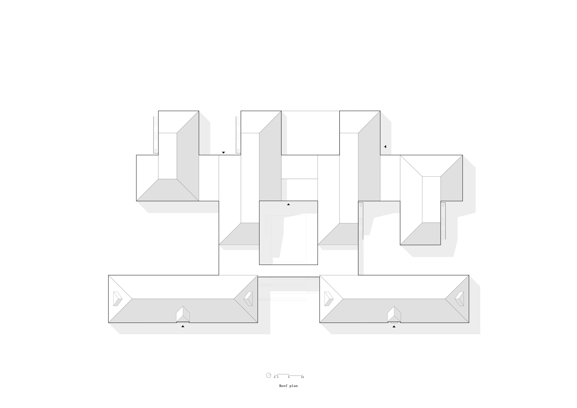 Roof plan drawing showing interlocking volumes with pitched roofs and courtyards