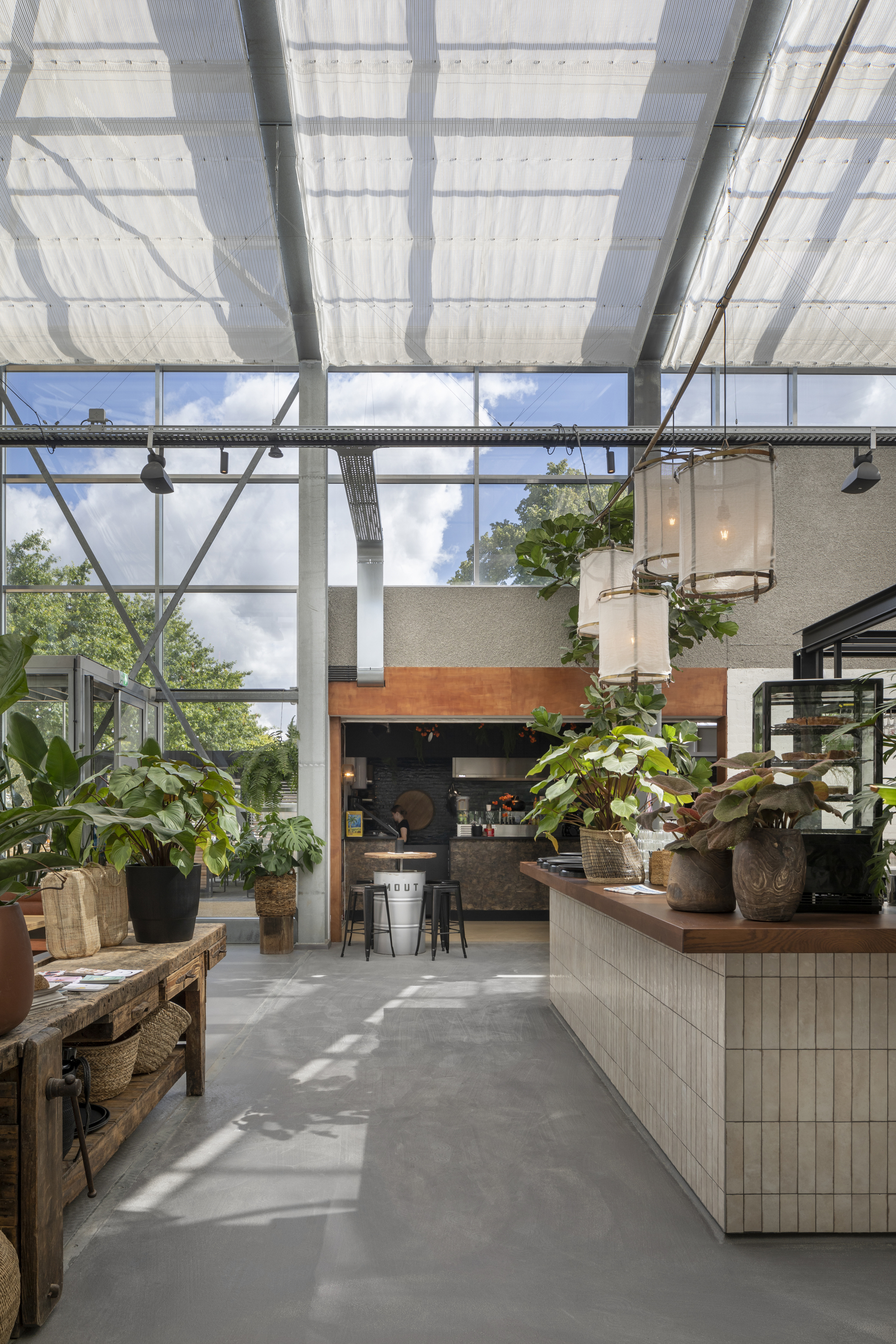 Kitchen volume with timber counter and white tile base under glass roof with dappled sunlight