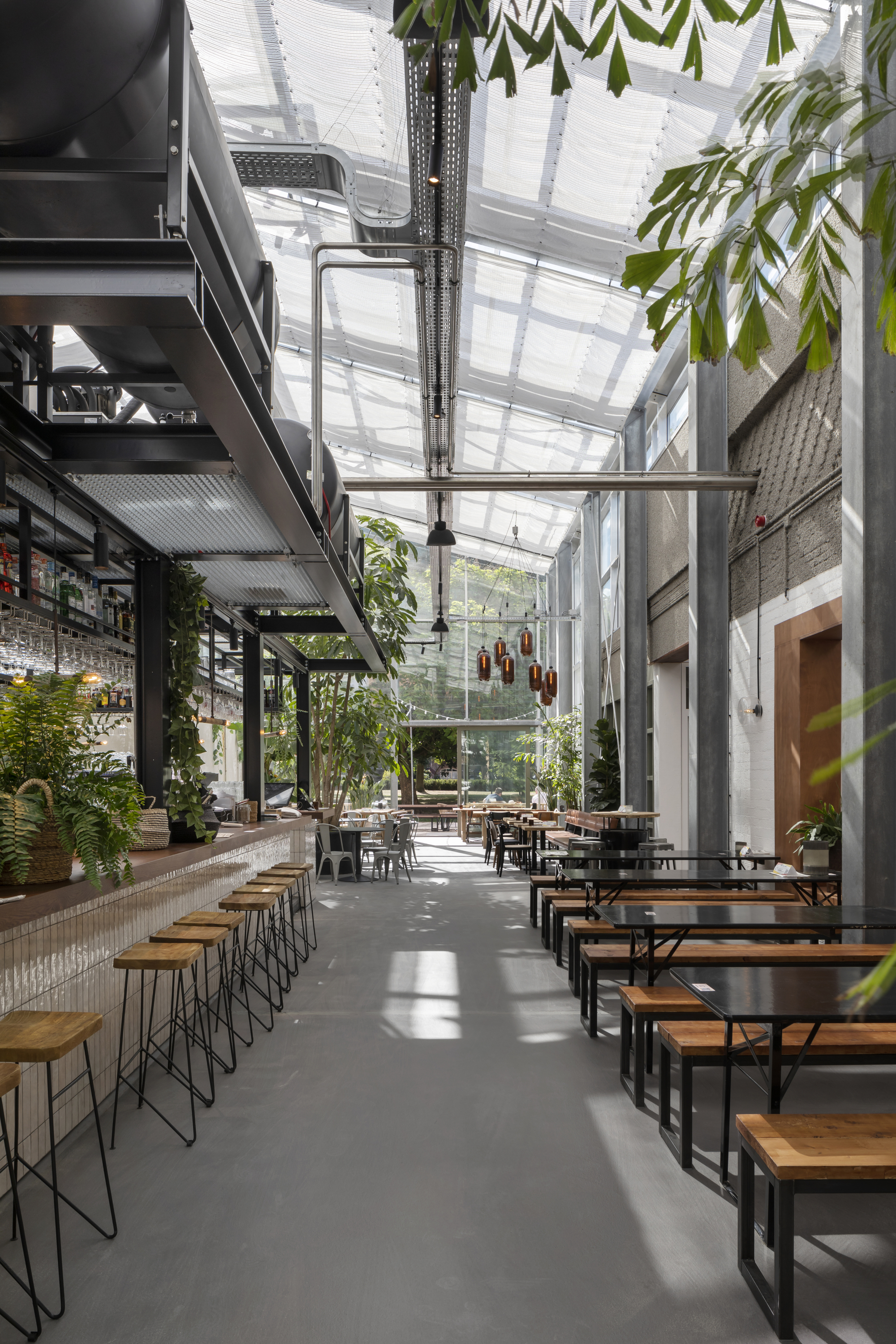 Interior courtyard with translucent roof panels above dining tables and hanging plants