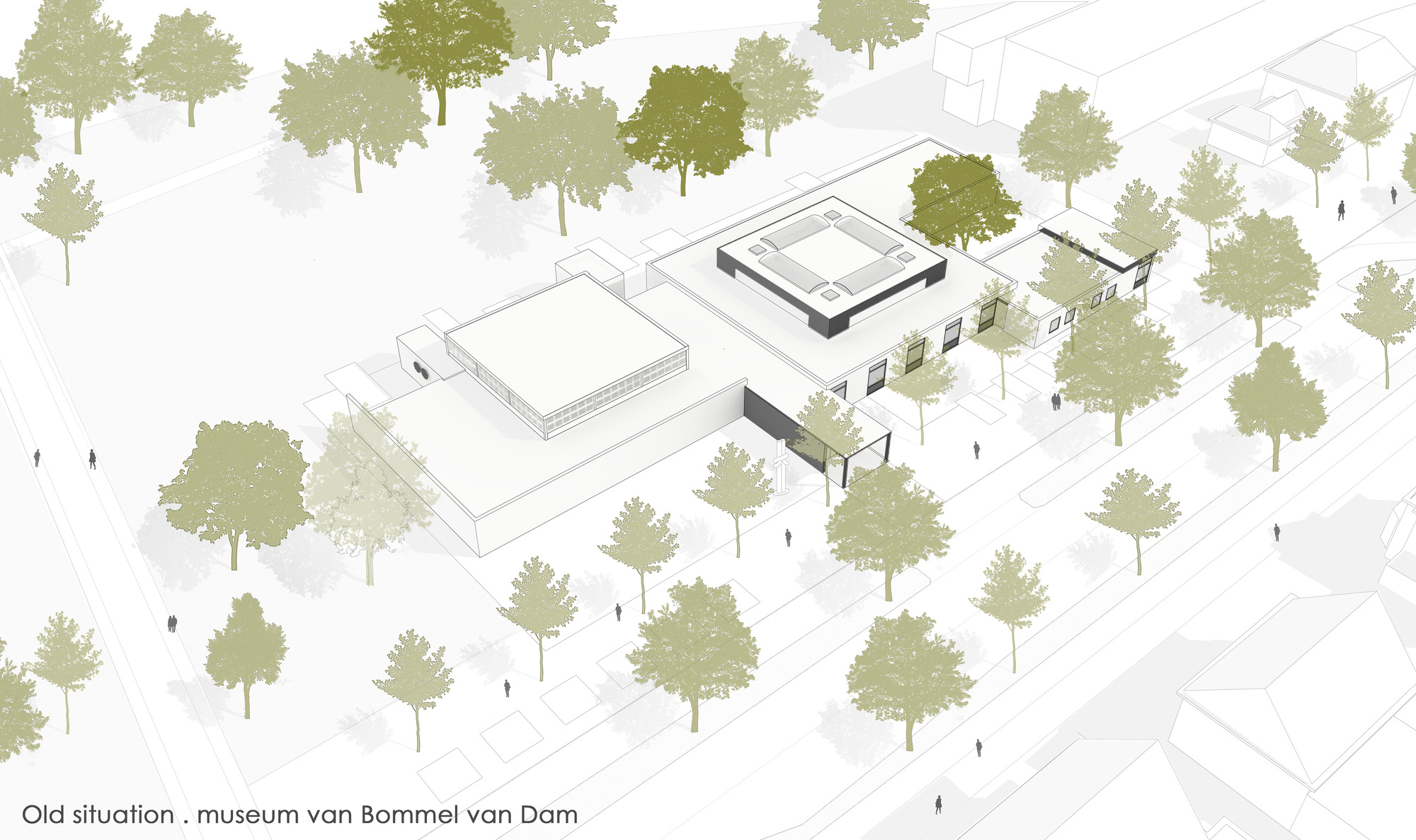 Axonometric drawing of museum complex with trees, pathways, and visitors in a landscaped park setting