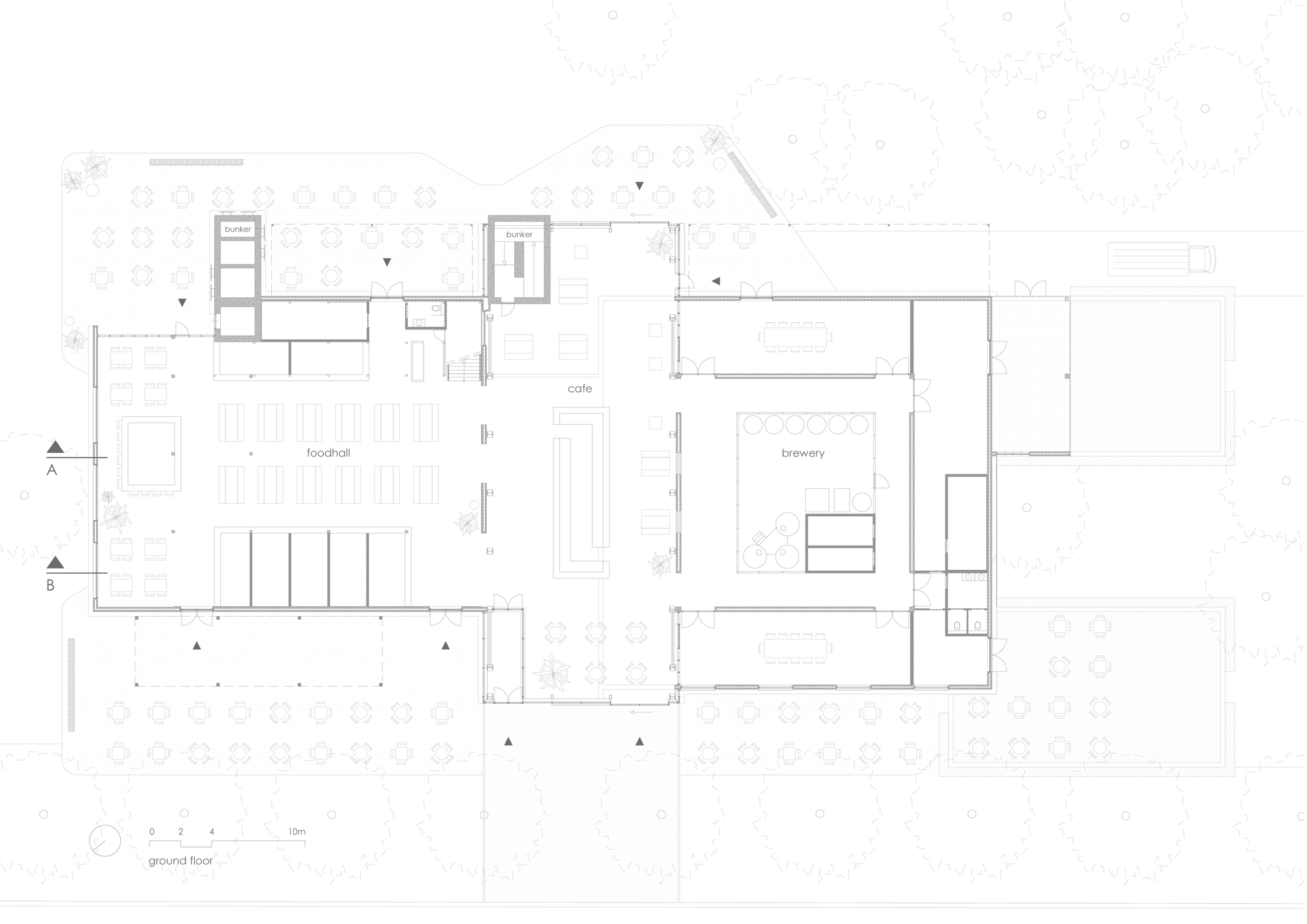 Ground floor plan drawing showing cafe, food hall and brewery spaces arranged around a central courtyard