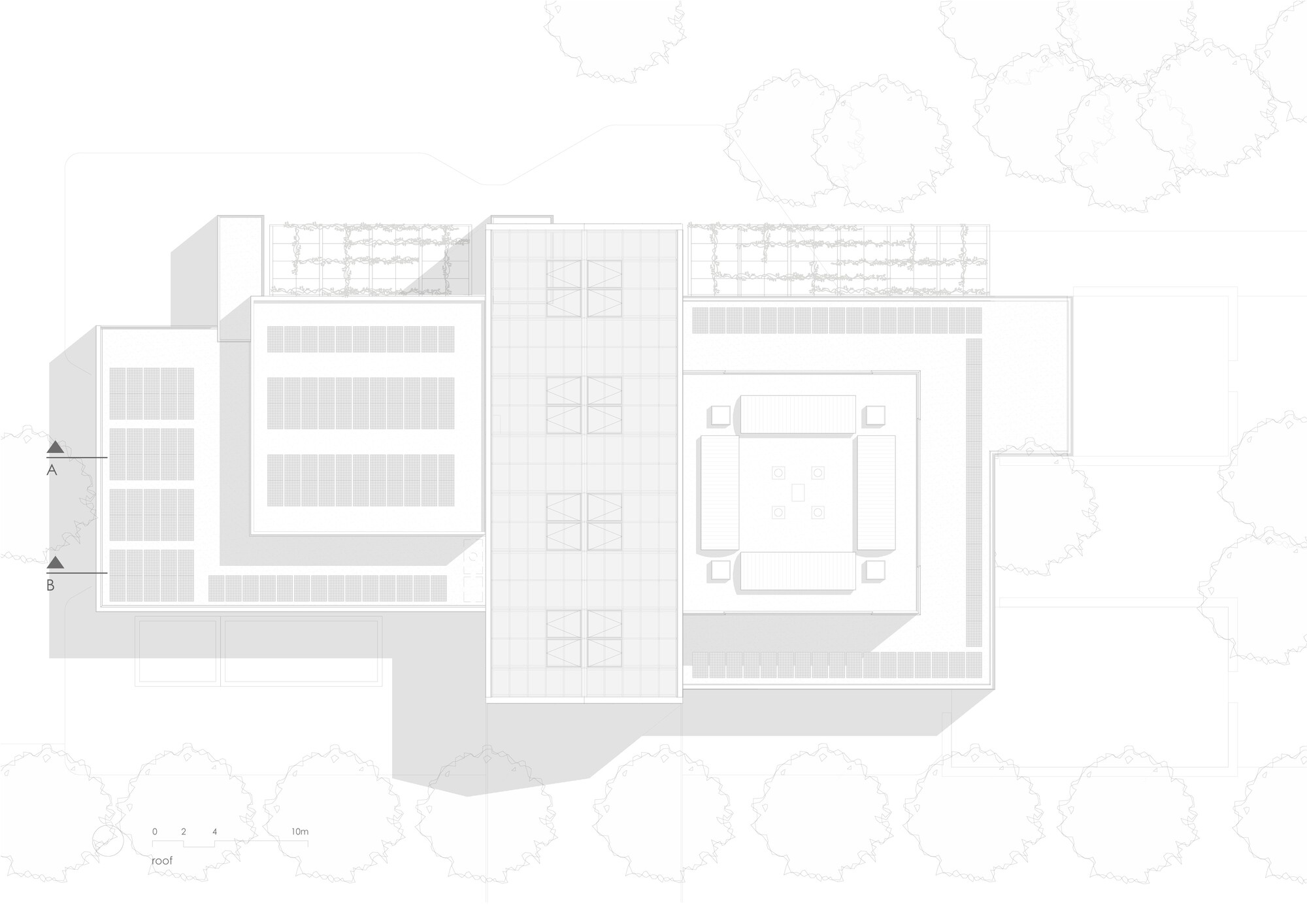 Roof plan drawing showing the arrangement of volumes with outdoor seating areas and surrounding tree canopies