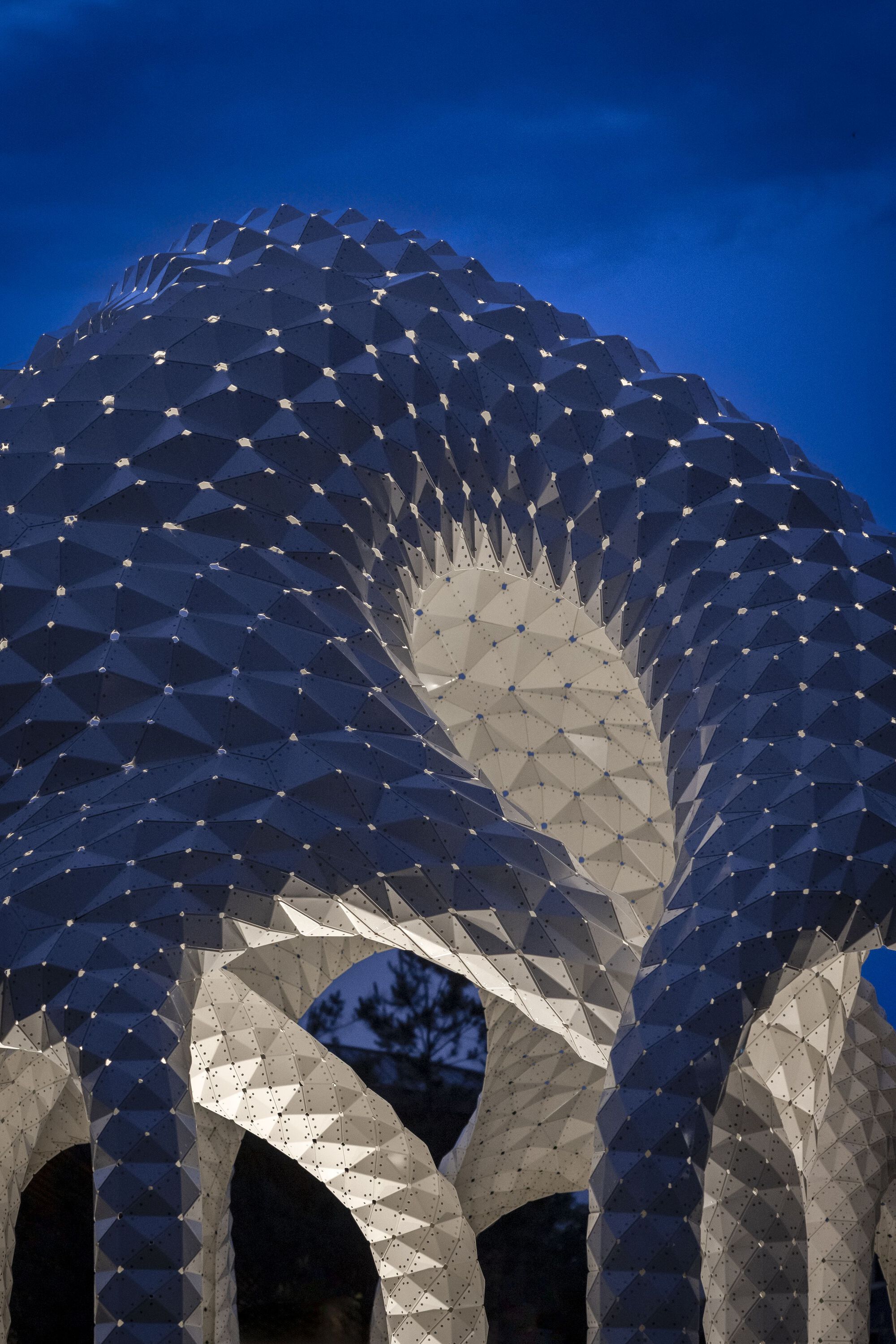 Sculptural facade with faceted timber panels and illuminated openings photographed at dusk