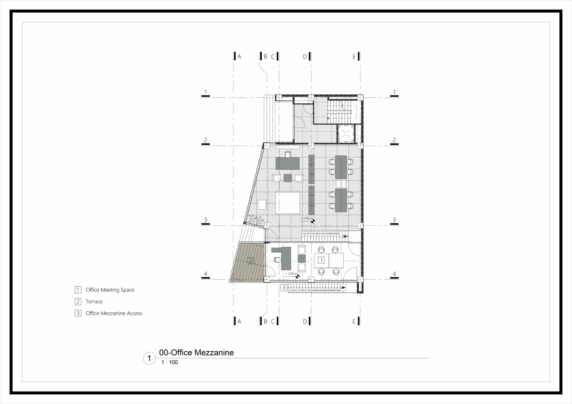 Mezzanine level floor plan drawing showing meeting space, terrace, and office access with annotated key
