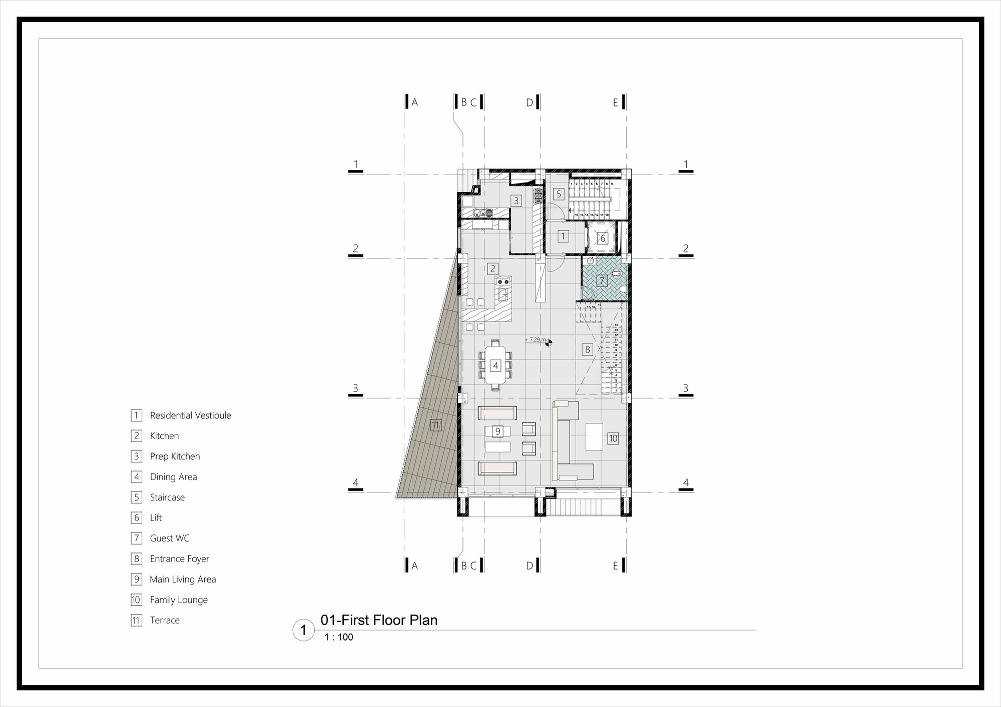 First floor plan drawing showing residential layout with kitchen, dining area, and triangular terrace projection