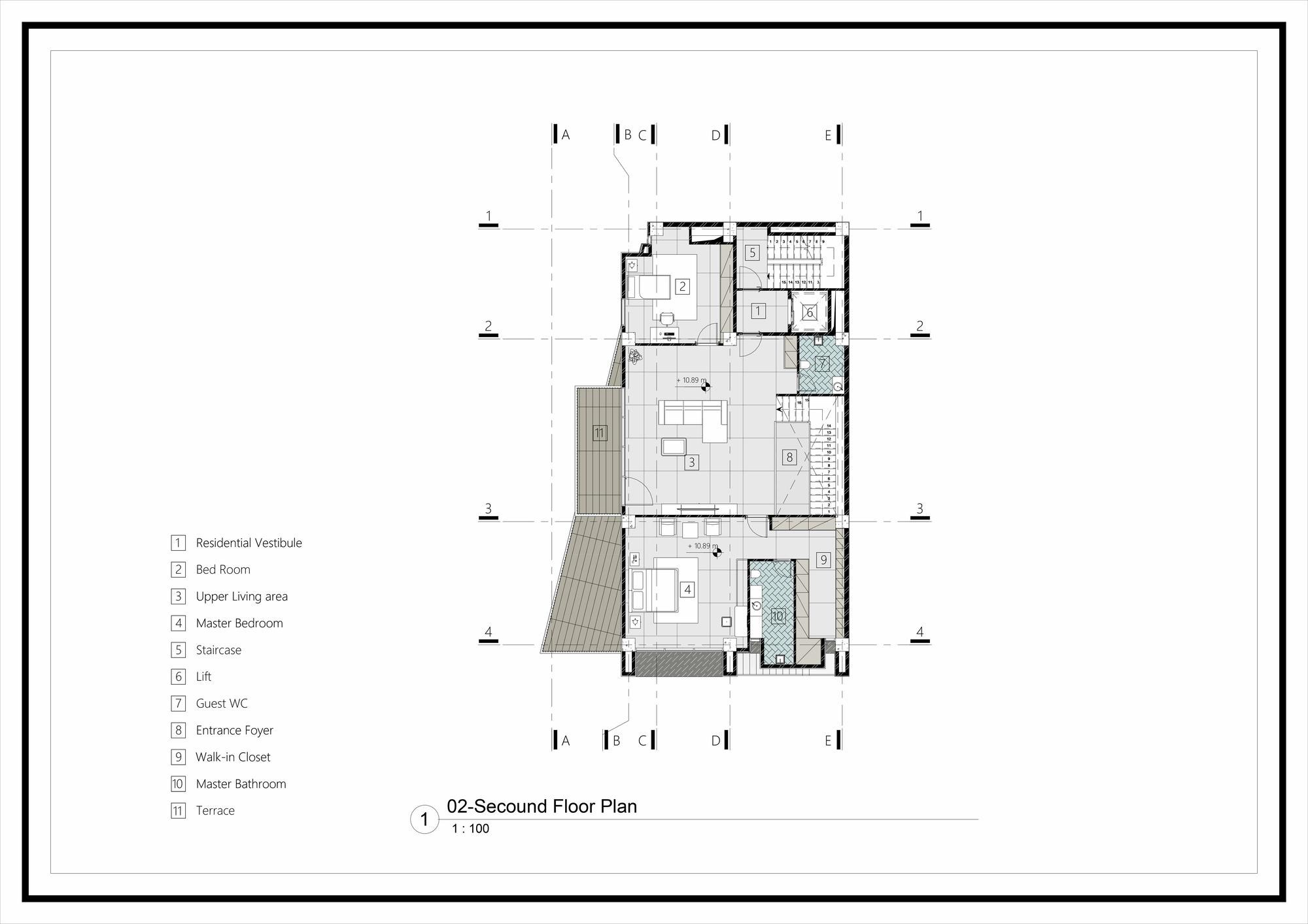 Second floor plan drawing showing residential vestibule, bedrooms, and angled terrace with hatched indication