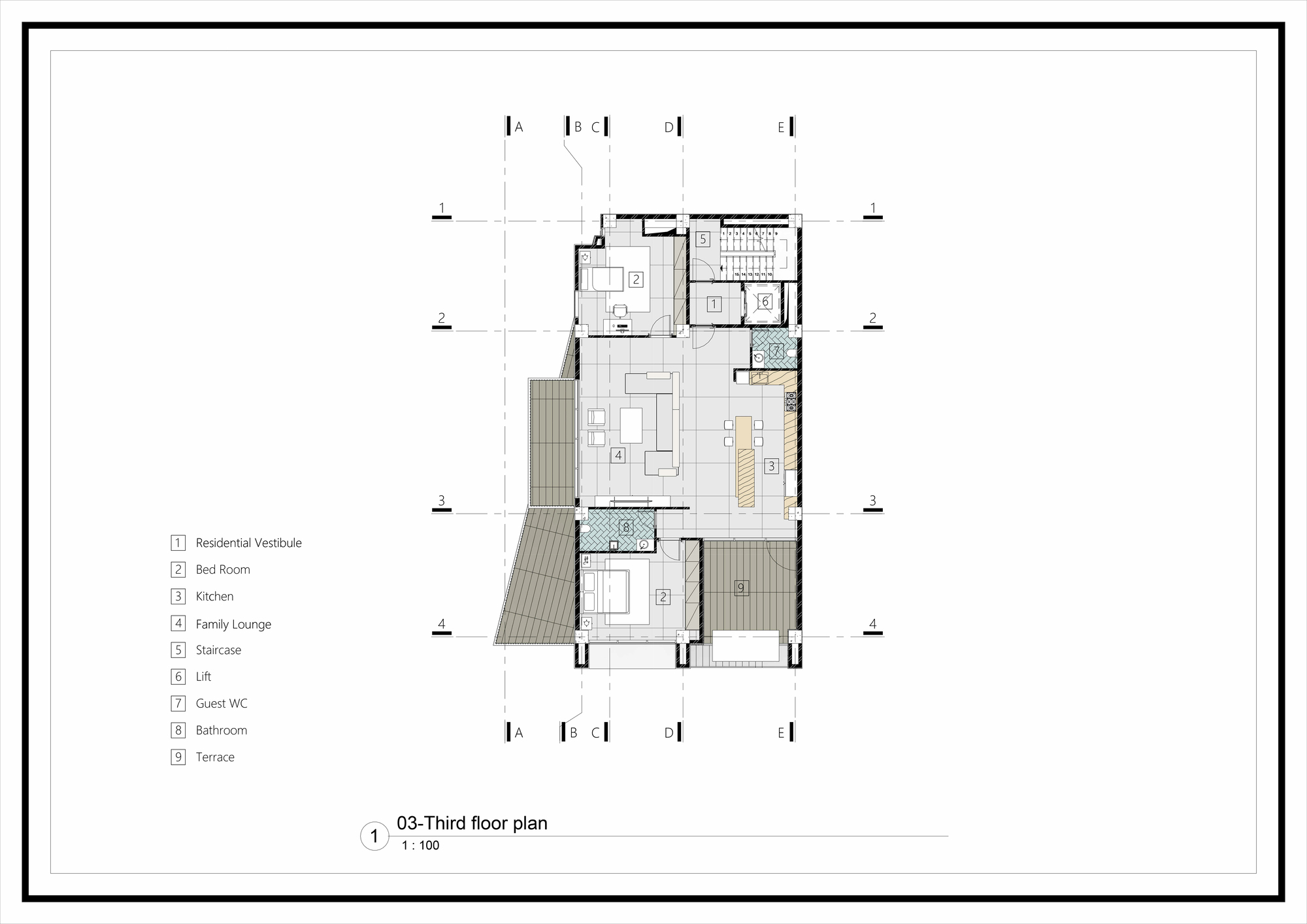Third floor plan drawing showing roof terrace, family lounge, and bedroom spaces with diagonal shading