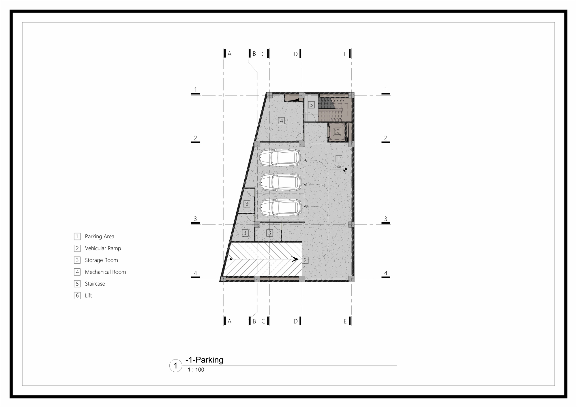 Parking level floor plan drawing showing vehicle ramp, three parking bays, and mechanical rooms