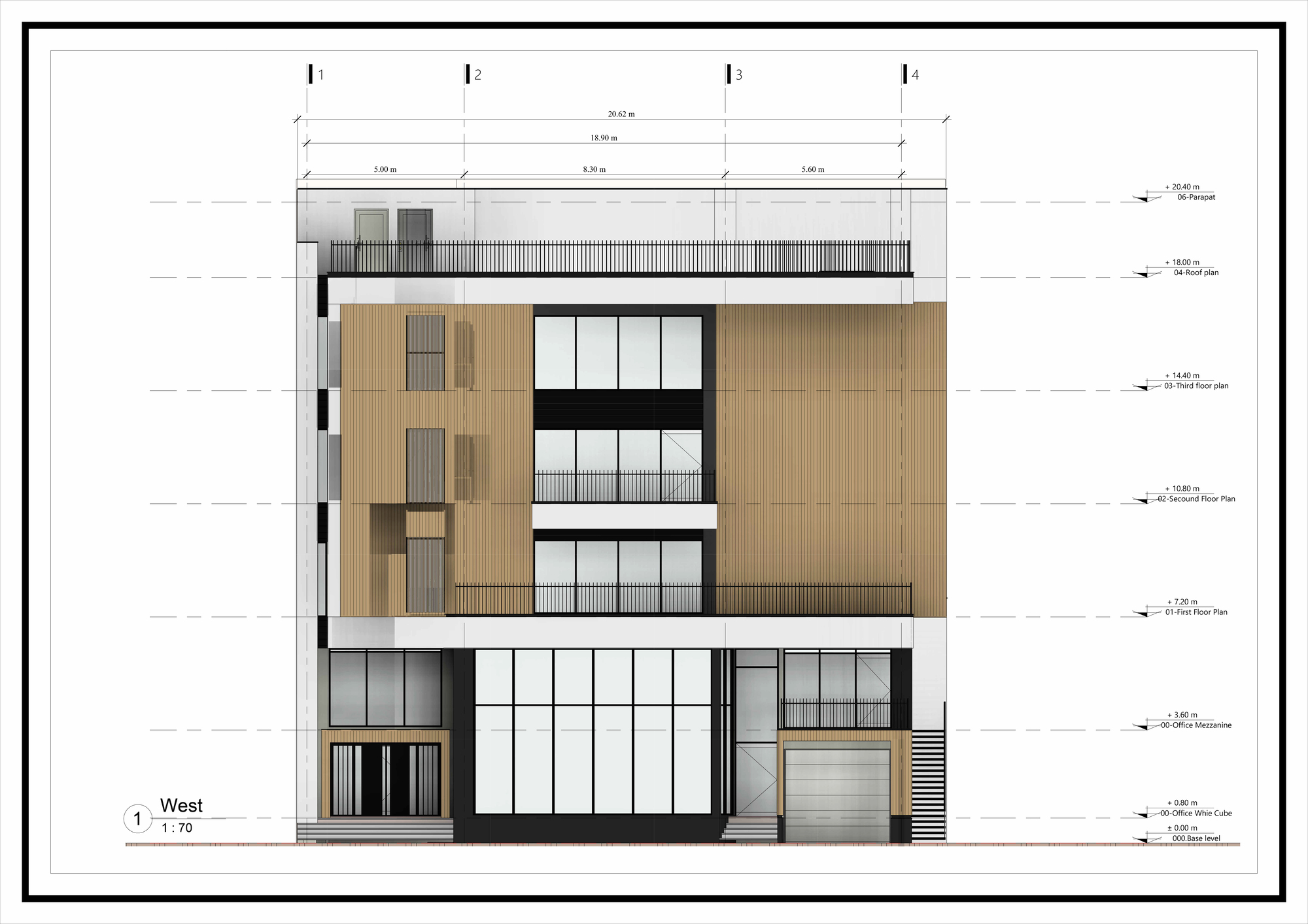 West elevation drawing showing wood paneling, stacked window openings, balconies, and a ground-level garage door