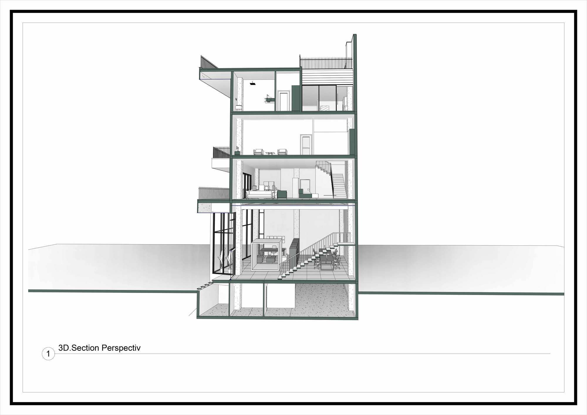 Section drawing showing vertical circulation through five levels including basement parking and roof deck