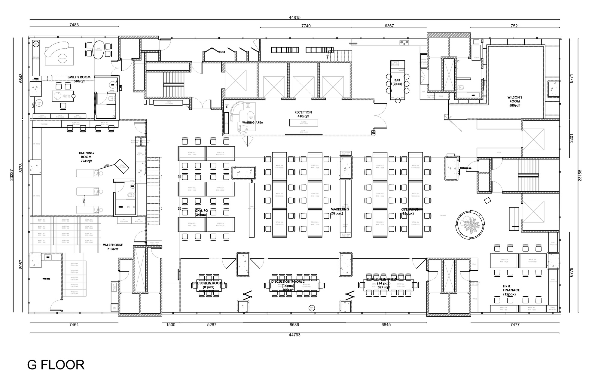 This architectural image presents a floor plan of an office space, detailing the layout of various rooms and work areas. The plan includes designated areas such