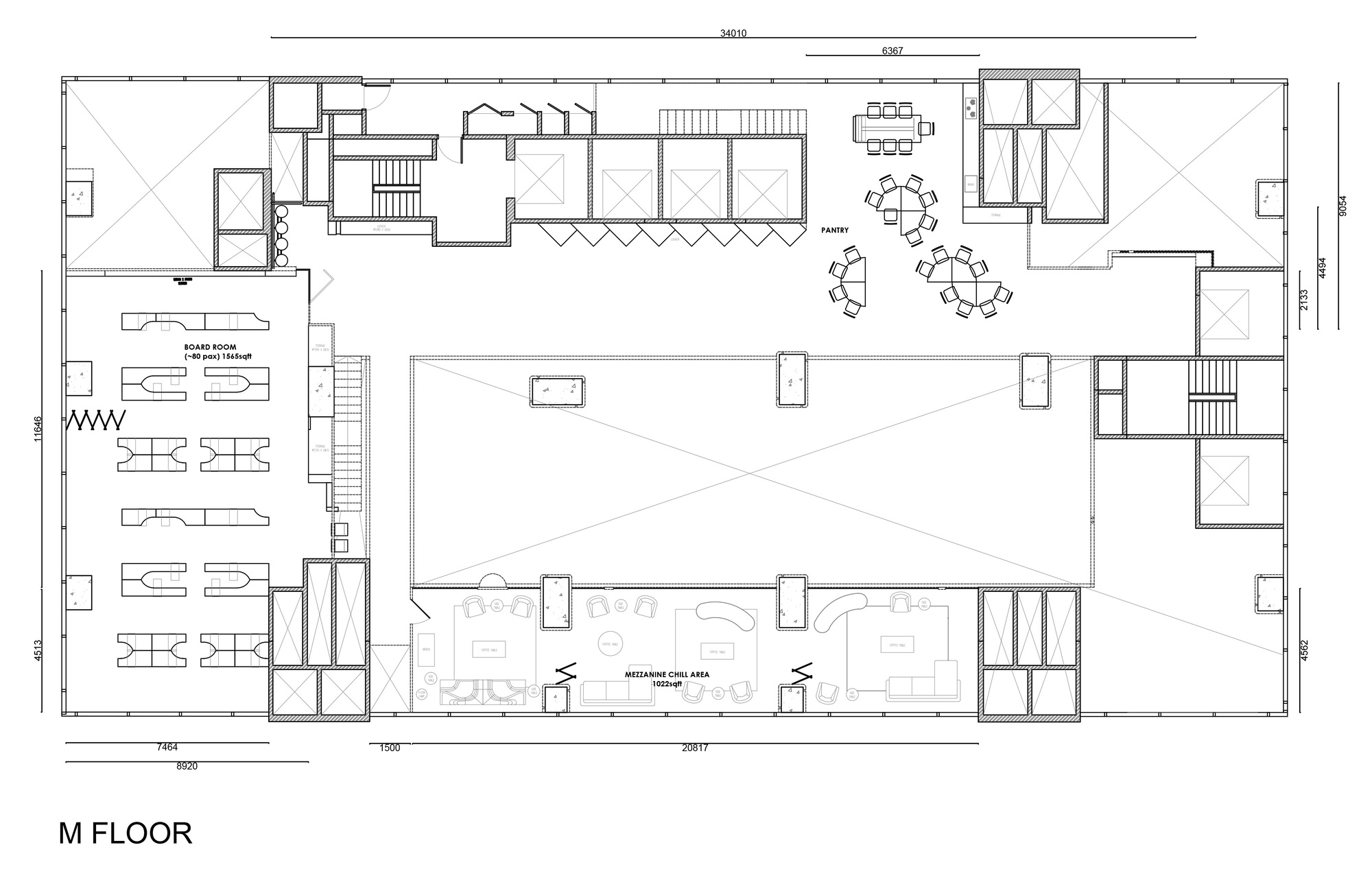 Mezzanine floor plan drawing showing a double-height void space with balconies and smaller meeting areas