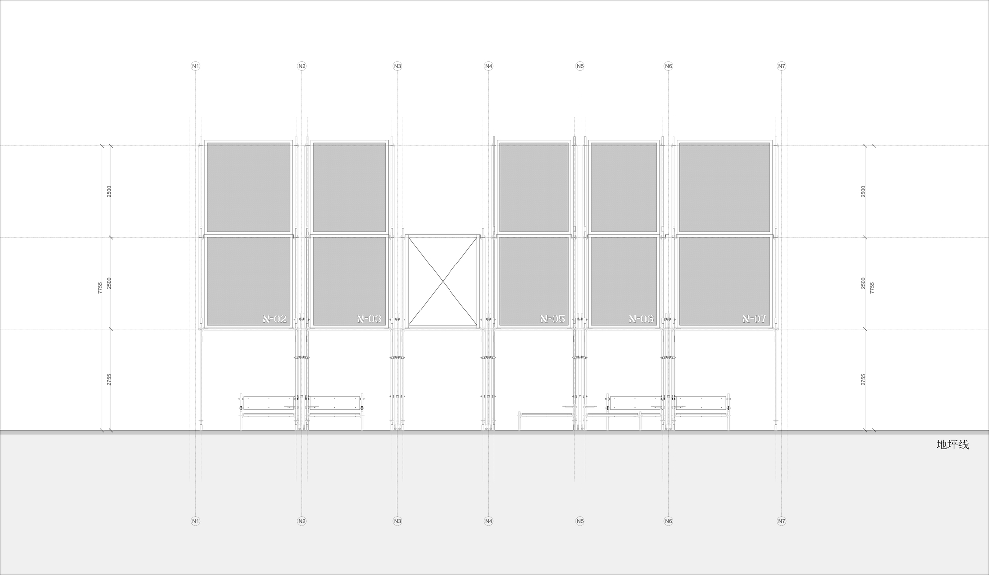 Elevation drawing showing modular frame system with grey infill panels and central diagonal bracing