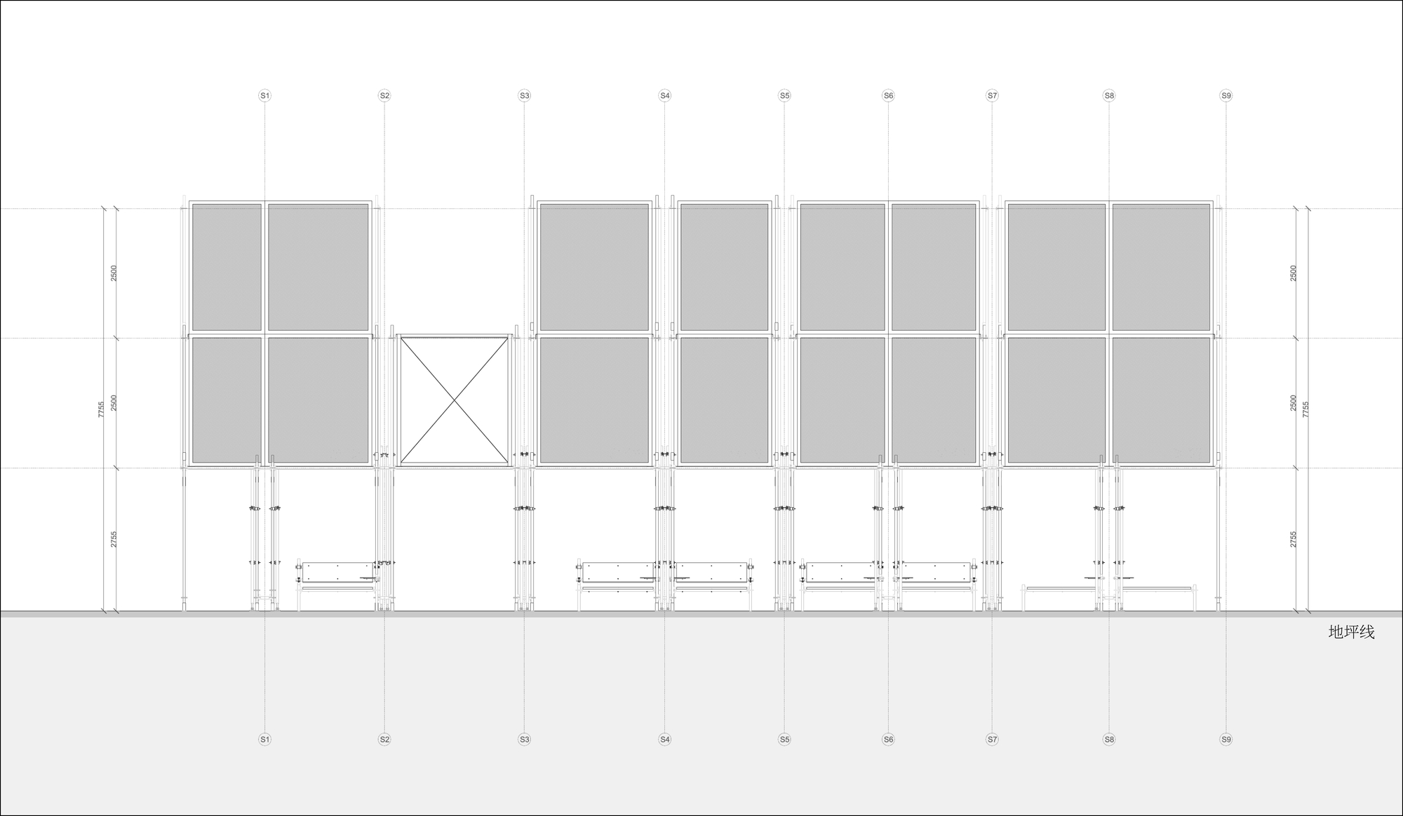 Elevation drawing depicting the frame system with alternating solid panels and bench seating below