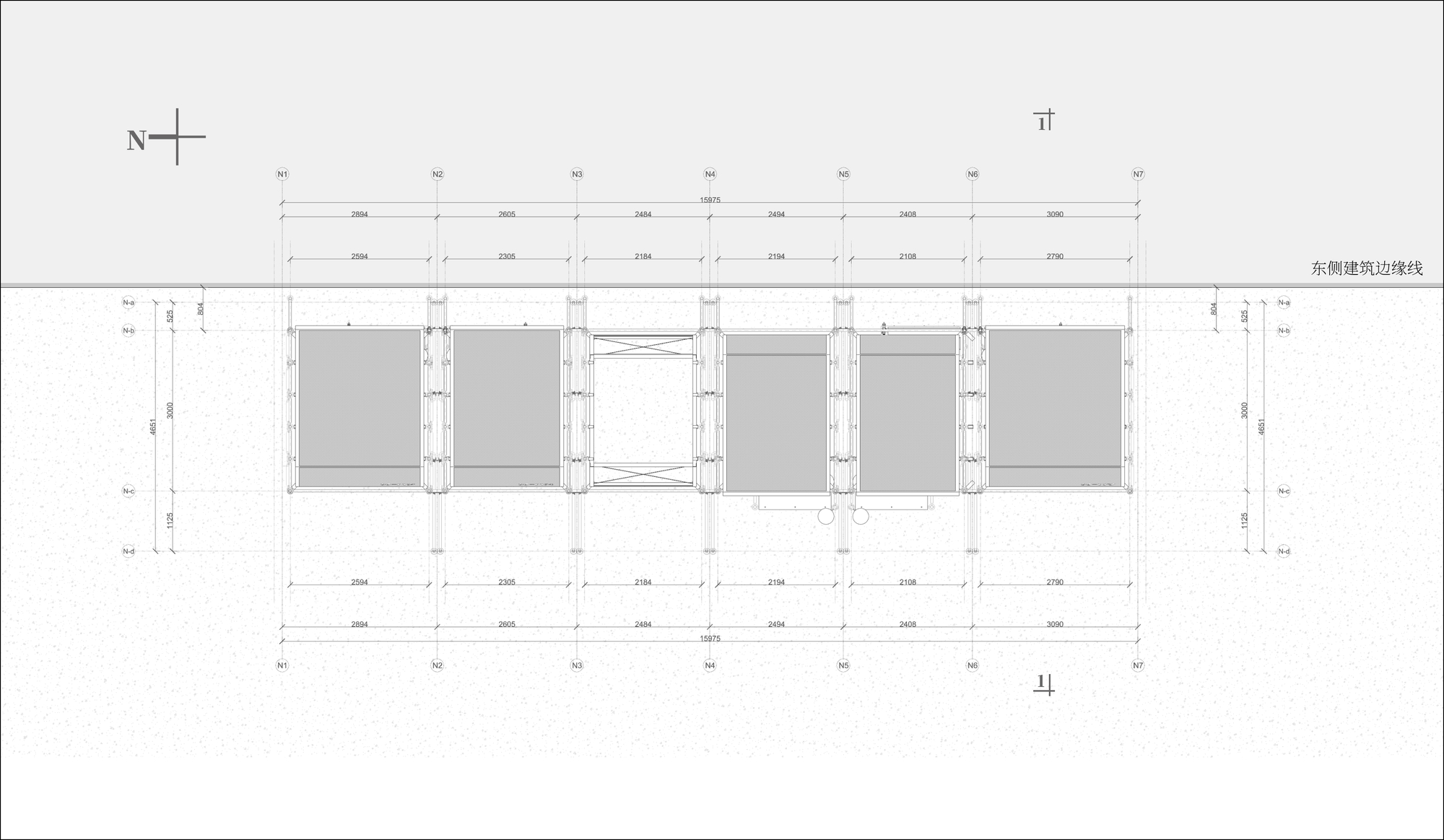 Plan drawing illustrating the modular grid of three bays with dimensions and structural elements