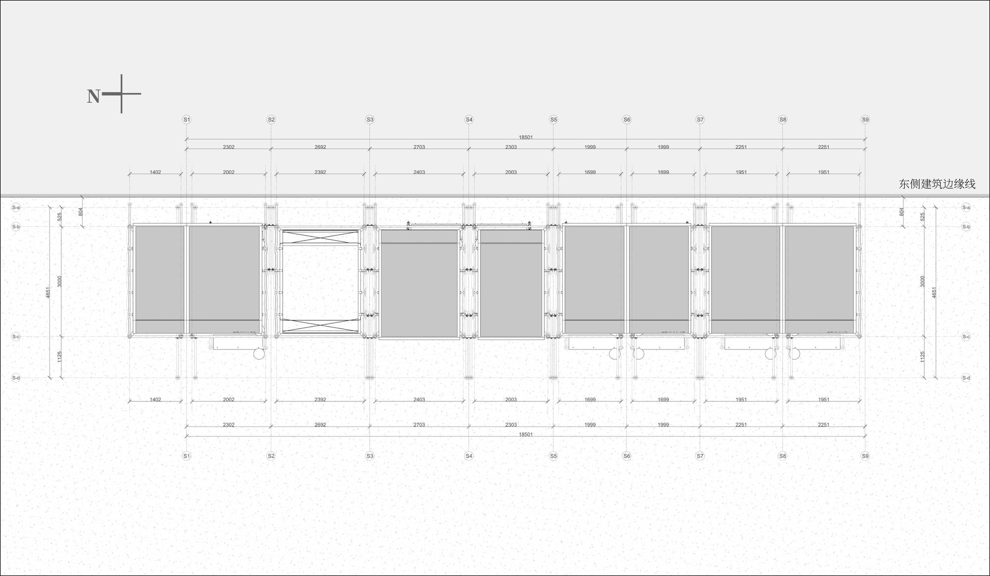 Plan drawing showing five bay structural grid with dimensions and panel infill pattern