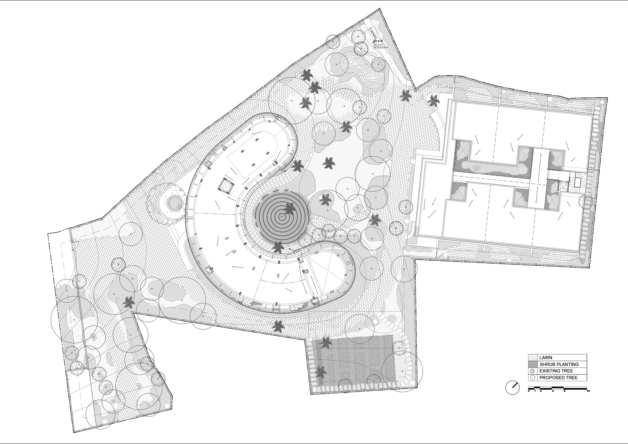 Landscape plan showing curved building forms surrounded by trees and circular planting beds
