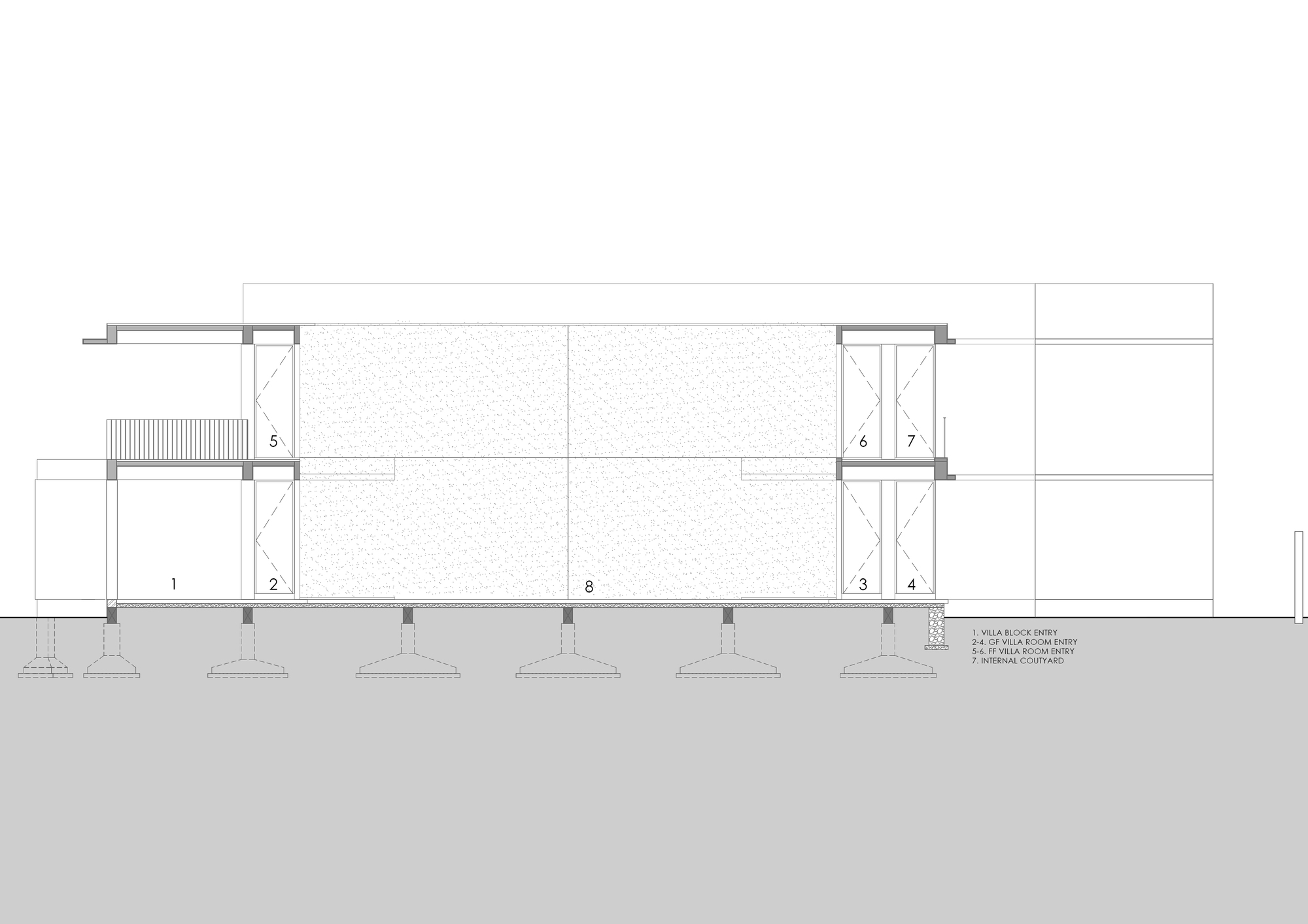 Section drawing showing column grid with insulated roof panels and stippled infill volume above structural foundation