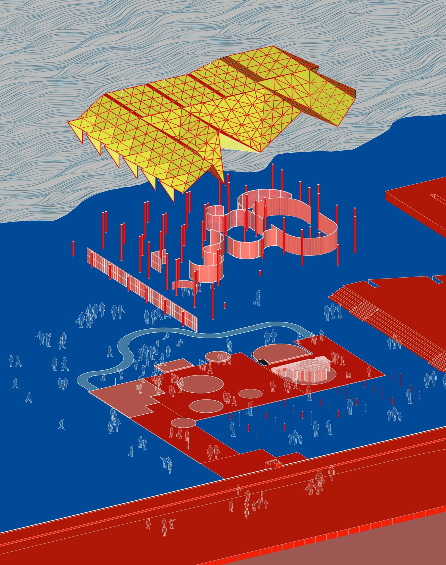 Axonometric drawing showing a yellow canopy roof, circular platforms, and gathering areas populated with figures
