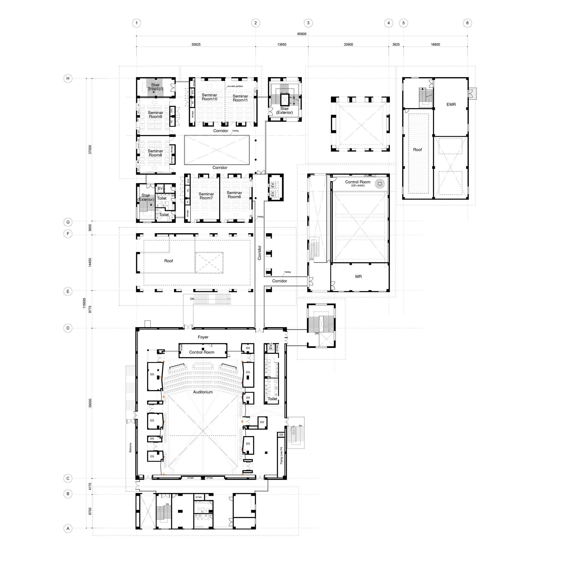 Floor plan drawing showing interconnected halls, seminar rooms, office spaces, and an auditorium with dimensions labeled