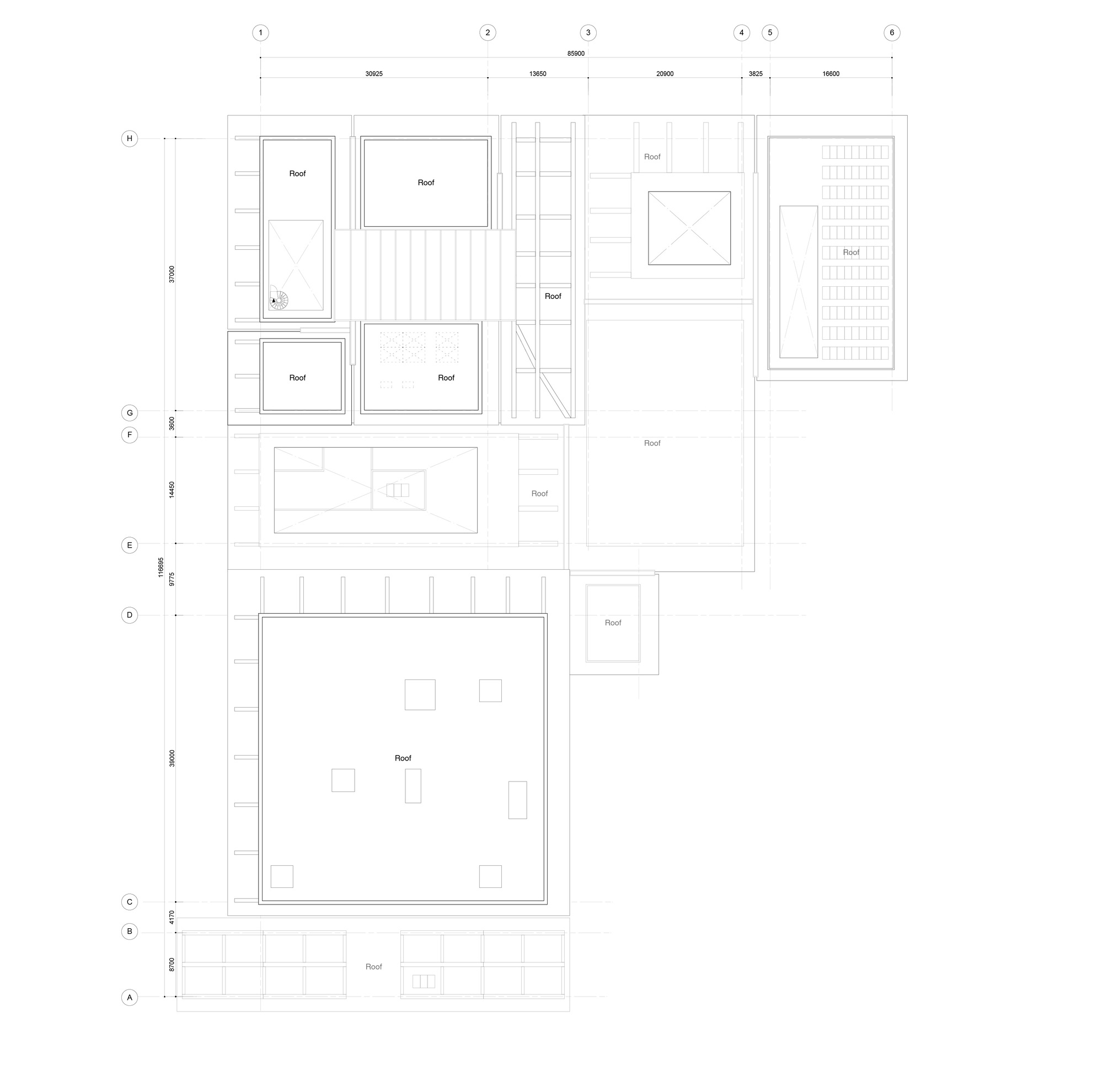 Roof plan drawing showing rectangular and square roof volumes arranged around a central open-air courtyard