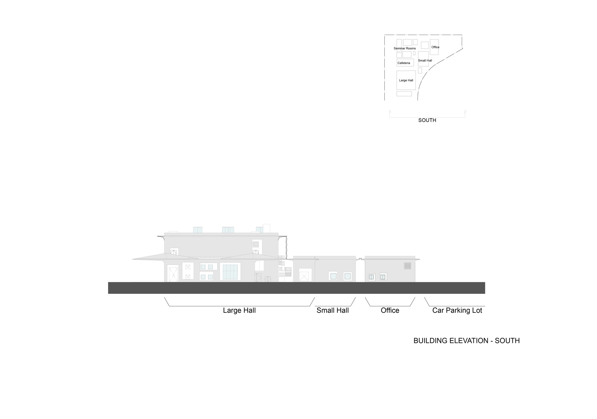 South elevation drawing showing the large hall and small hall volumes adjacent to office and parking areas