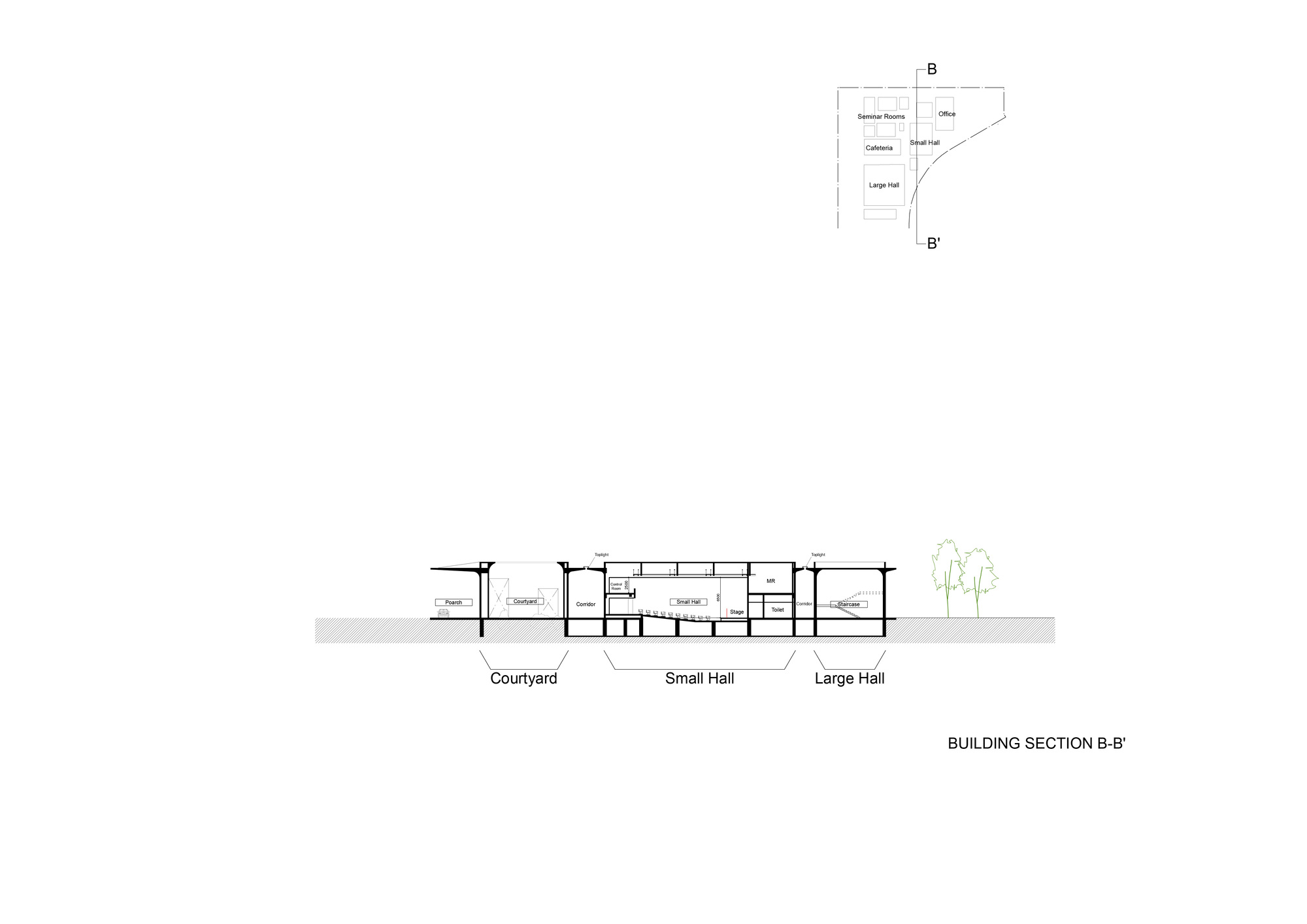 Section drawing showing courtyard between small hall and large hall with single tree in landscape