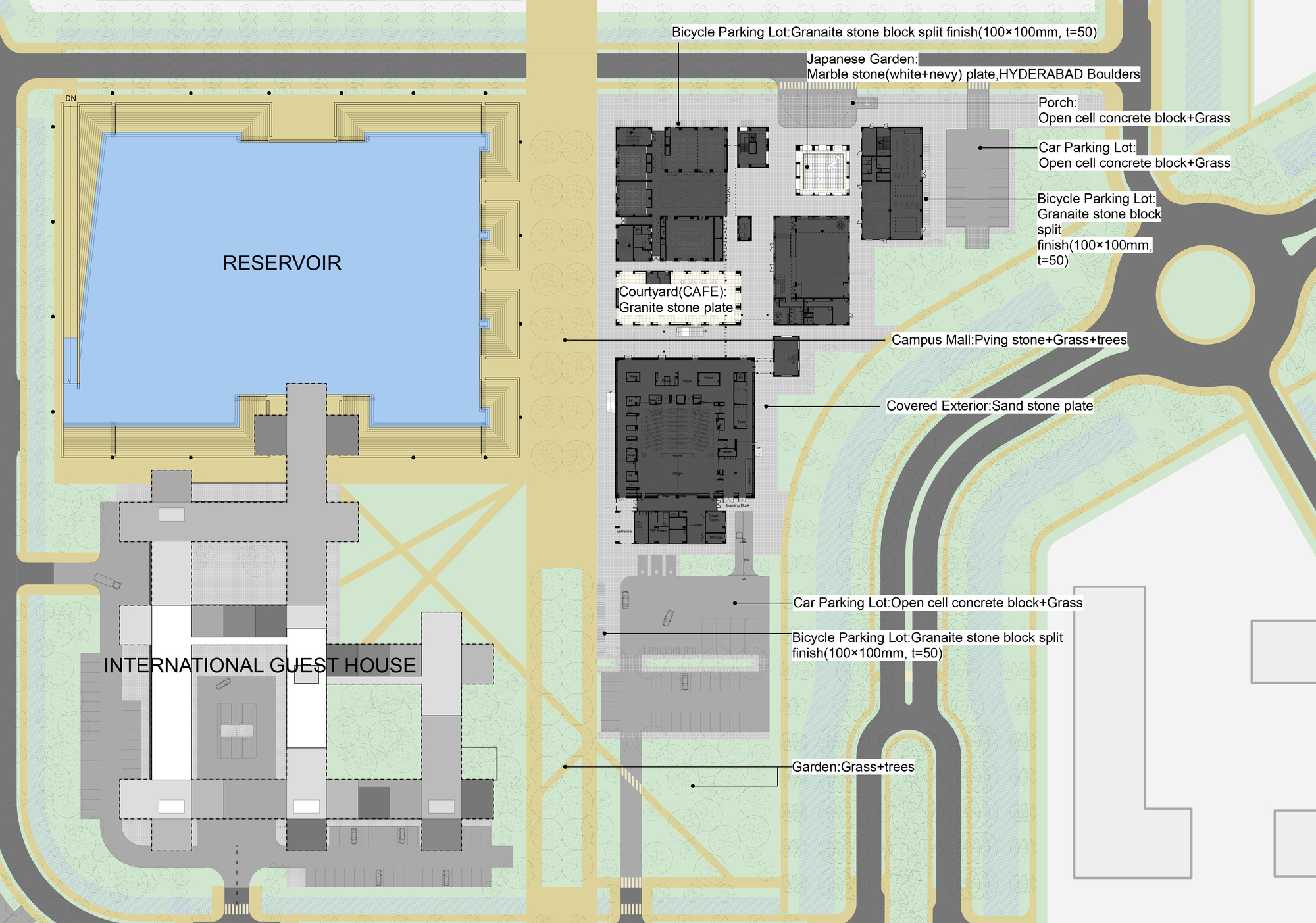 Site plan showing reservoir, international guest house, and campus buildings with landscaping and parking areas