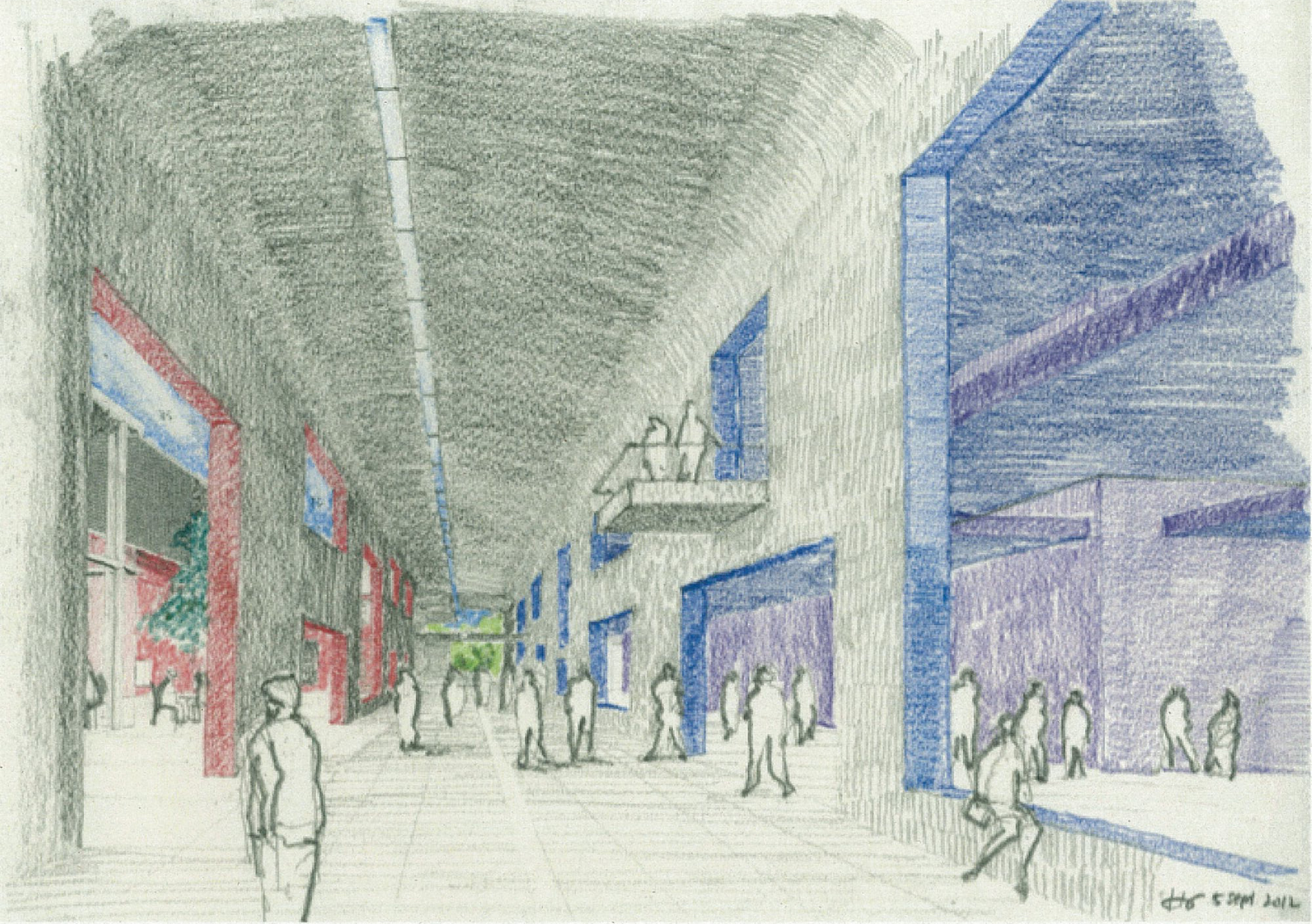 Colored pencil sketch of covered street with shops and pedestrians under a vaulted ceiling