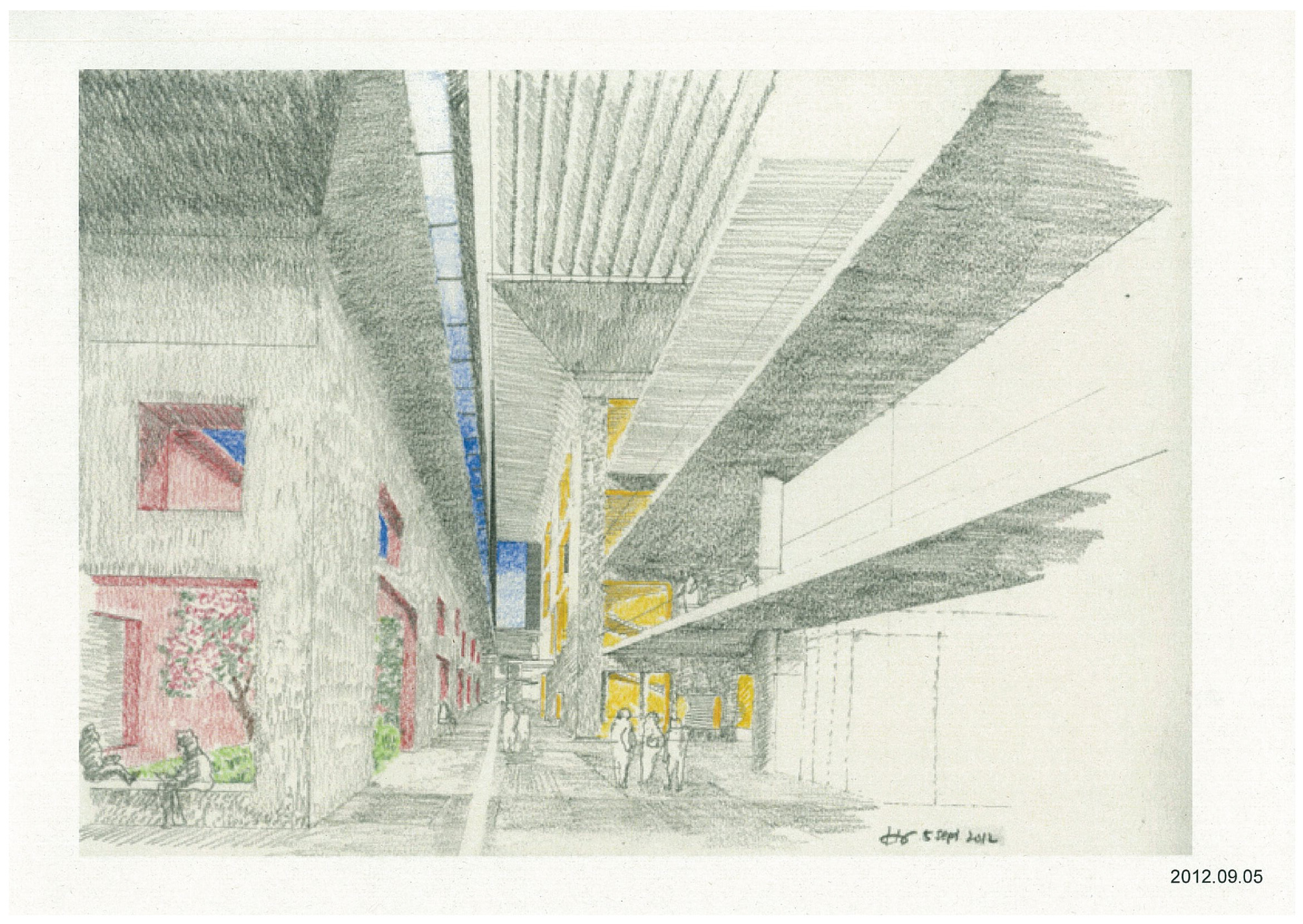 Perspective sketch showing an interior street with angular ceiling planes and figures walking between coloured storefronts