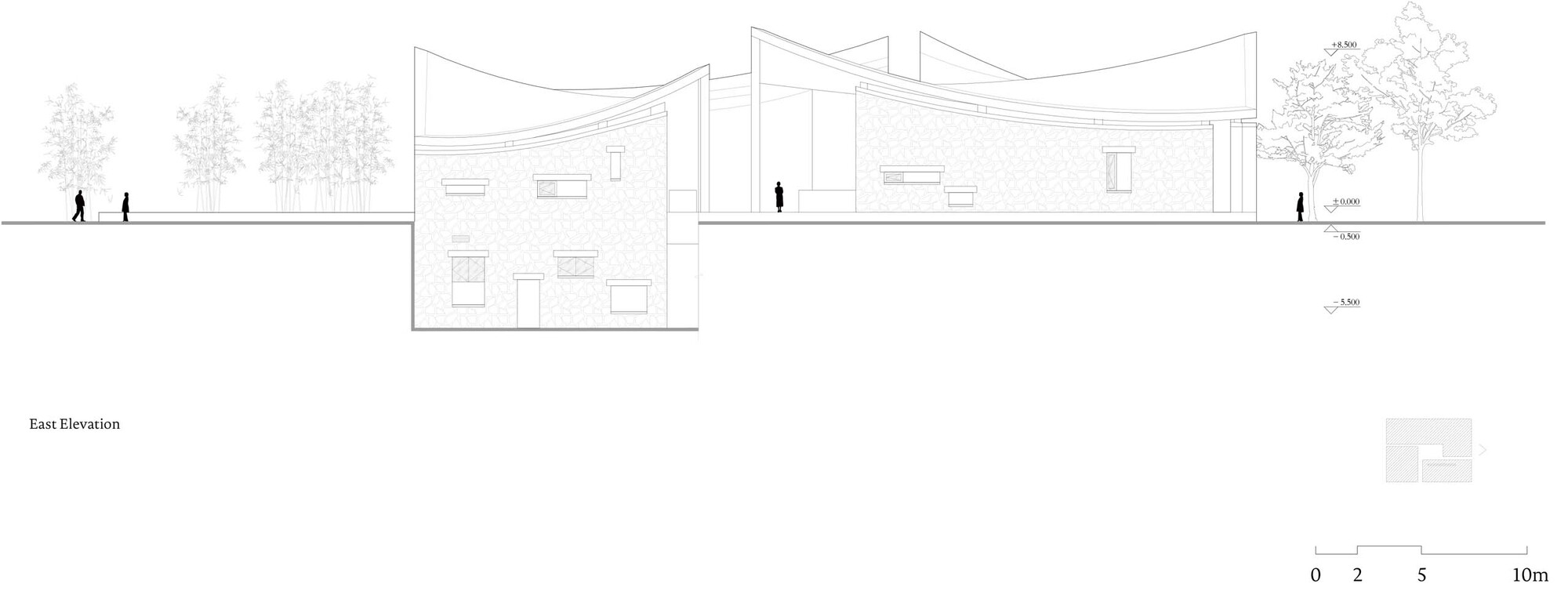 East elevation drawing showing undulating roofline with human figures and trees for scale