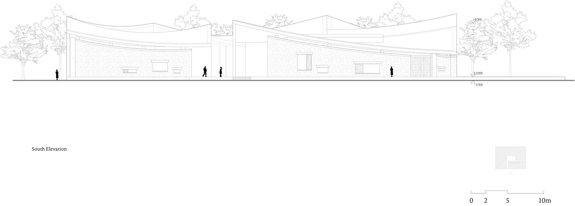 South elevation drawing displaying flowing roof profile with pedestrian silhouettes and vegetation