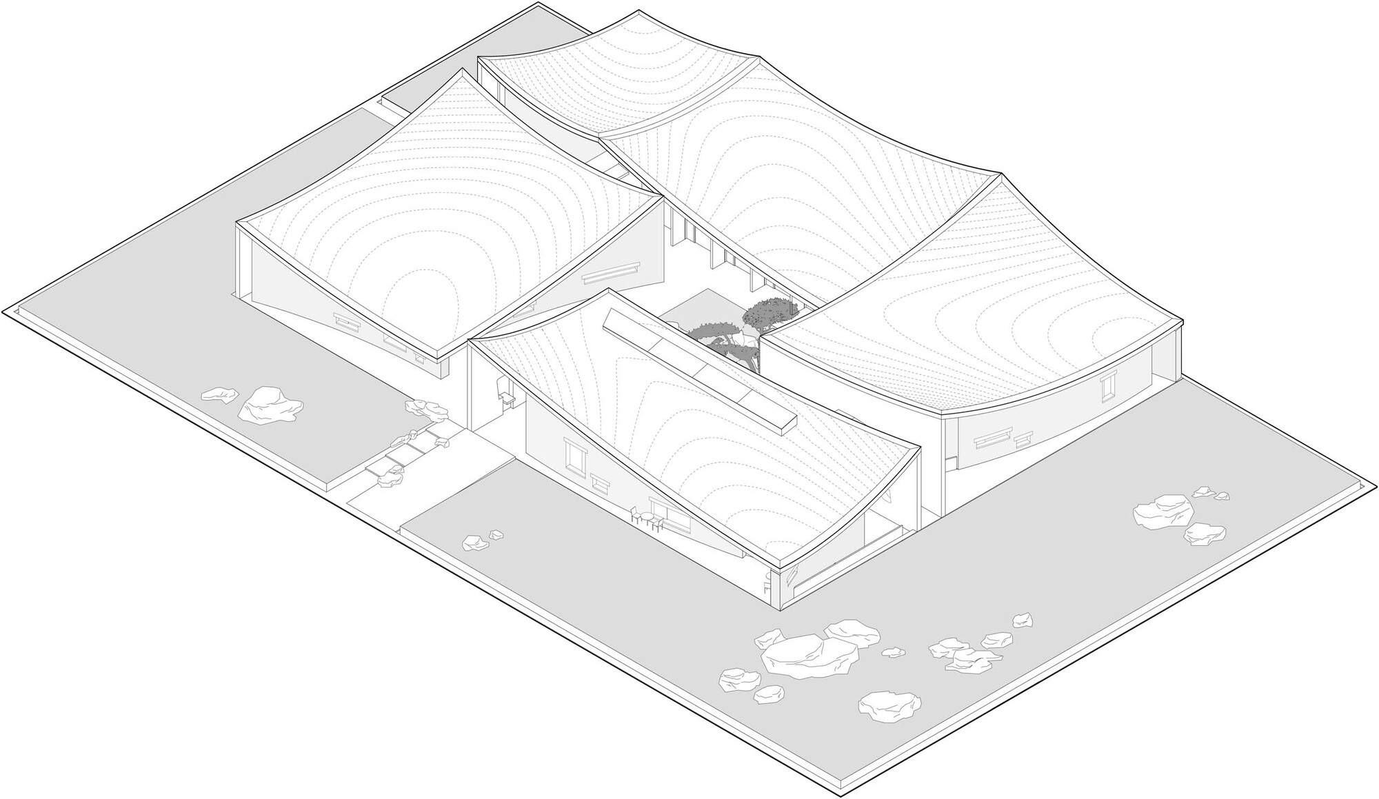 Axonometric drawing showing three interconnected pavilions with curved roof profiles and topographic contours