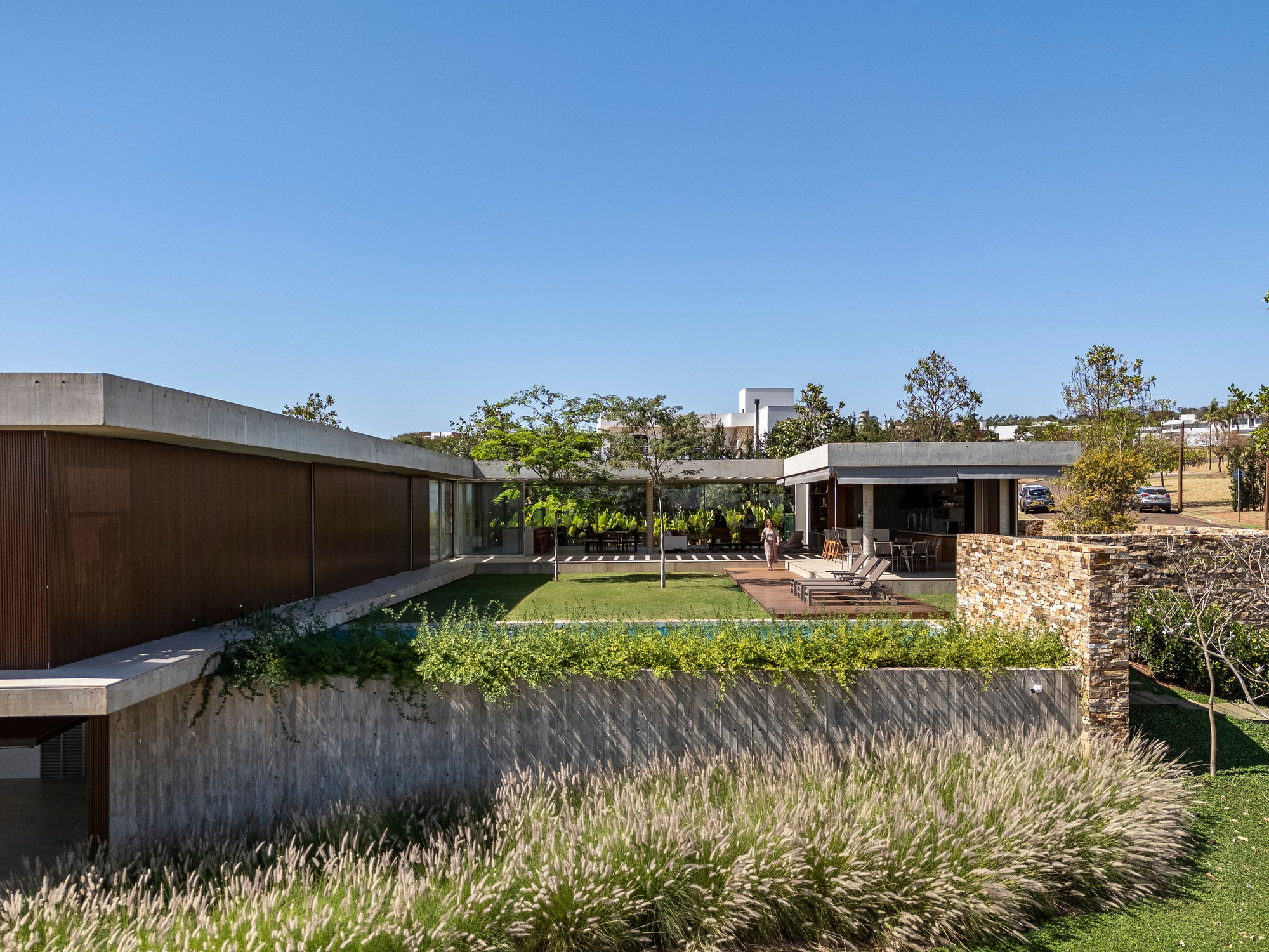 Planted terrace with board-formed concrete retaining wall and grasses overlooking the courtyard and timber volumes