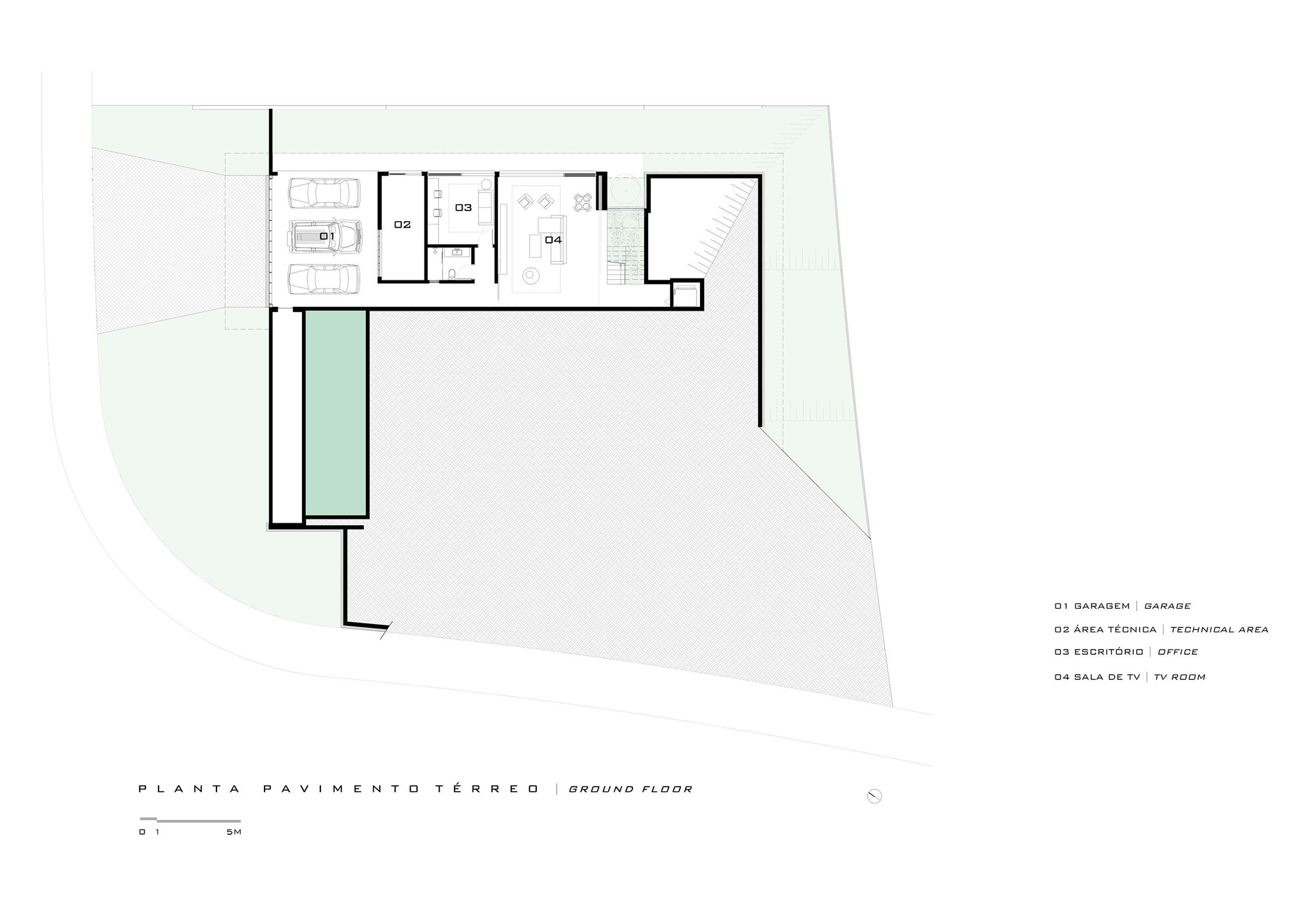 Ground floor plan drawing showing garage, technical areas, and pool along the western edge