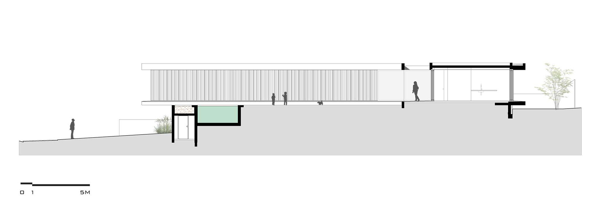 Section drawing showing slatted screen facade, pool, and ground plane with figures and tree