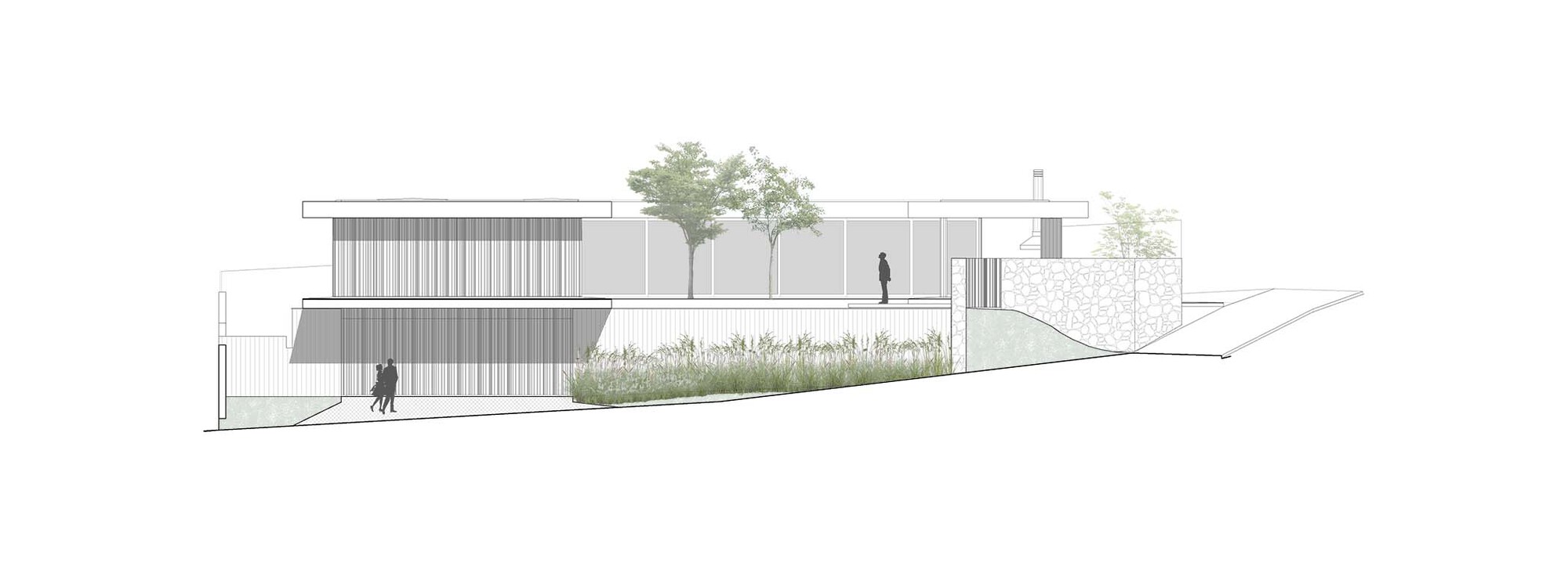 Elevation drawing depicting volumes with slatted screens and terraced garden beds along a hillside
