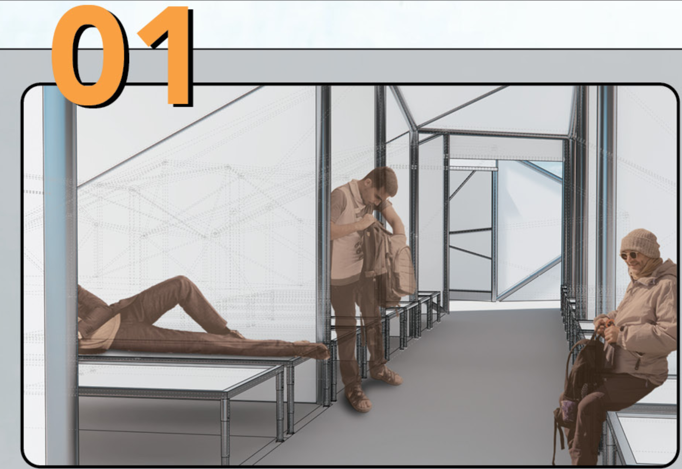 Modular sleeping units organize privacy through layered spatial design within a lightweight structural frame.