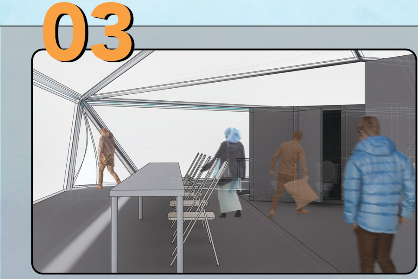 Service unit integrates sanitation and utilities, ensuring hygiene and operational efficiency on site.